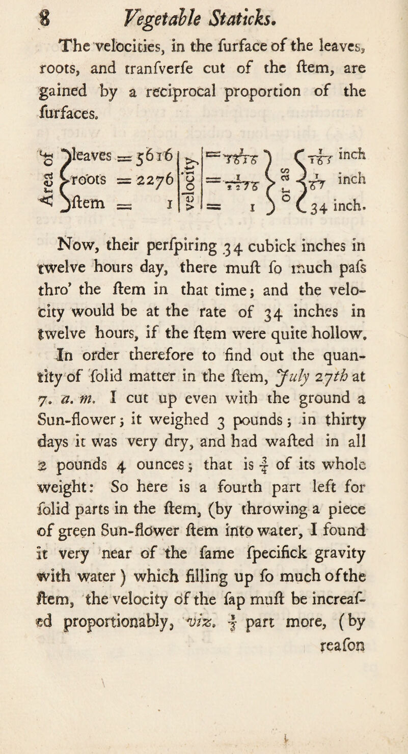 The velocities, in the furface of the leaves* roots* and tranfverfe cut of the ftem, are gained by a reciprocal proportion of the fur faces. ^leaves —5616 2 > roots =2276 < Sftern -- 1 C/3 C3 u O T5T incfe yr inch 34 inch* Now, their perfpiring 3 4 cubick inches in twelve hours day, there muft fo much pafs thro the ftem in that time; and the velo¬ city would be at the rate of 34 inches in fwelve hours, if the ftem were quite hollow. In order therefore to find out the quan¬ tity of folid matter in the ftem, July 2jth at 7. a. m. I cut up even with the ground a Sun-flower; it weighed 3 pounds; in thirty days it was very dry, and had wafted in all 2 pounds 4 ounces; that is -f of its whole weight: So here is a fourth part left for folid parts in the ftem, (by throwing a piece of green Sun-flower ftem into water, I found it very near of the fame fpecifick gravity with water ) which filling up fo much of the ftem, the velocity of the fap muft be increaf- ed proportionably^ viz, f part more, (by reafon