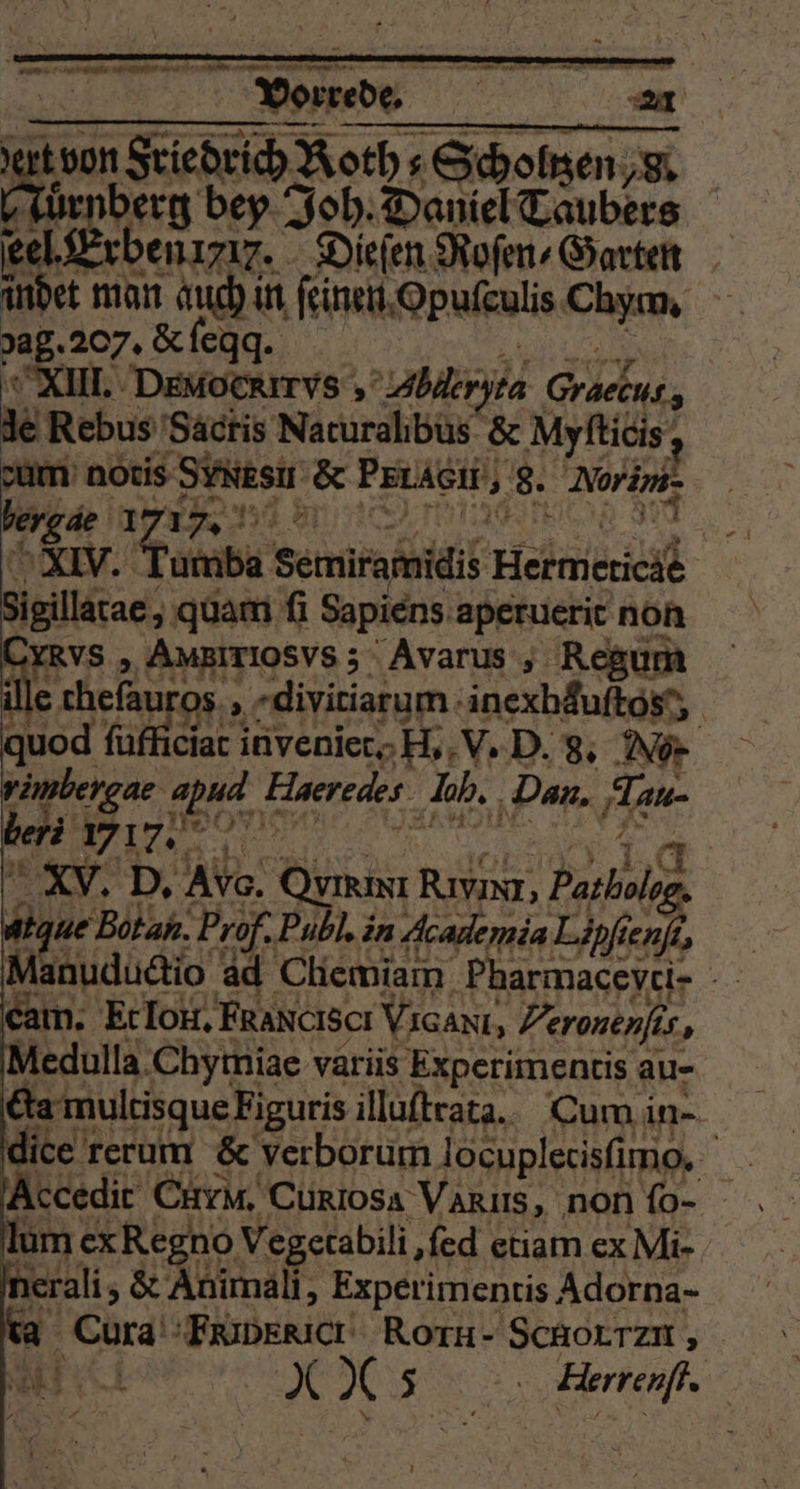 u... u ee ir — — ar feel. rb ben 1g. en . | Inder man 1 in enn er > 1 . ar ei umba Set nis Hefe | Slate, quam fi Sapiens aperuerit non Orks „ AMETrIosvs; Avarus, Regum € theft 05 „ diyitiarum inexbäuftos‘, i quod ſufficiat inveniet. H. V. D. 8. Nor rämbergae apud Haeredes ‚Joh. ‚Dan. 55 9 ben , 9858 D. Ae. 5 Rıvınz, Patkolog atque Botan. Prof. Publ. in Academia Le. cam. Et Iotl. Francıscı Vicanı, Peronenfis 47, Hedulla Chymiae variis Experimentis au- cta multis que Figuris illuſtrata. Cum in- dice rerum &amp; verborum locupletisfimo, | lum ex Regno Vegetabili, ſed etiam ex Mi- 5 ali, &amp; Animali, Experimentis Adorna- a Cura Fairer ROTH- SCHoLTzN , * „