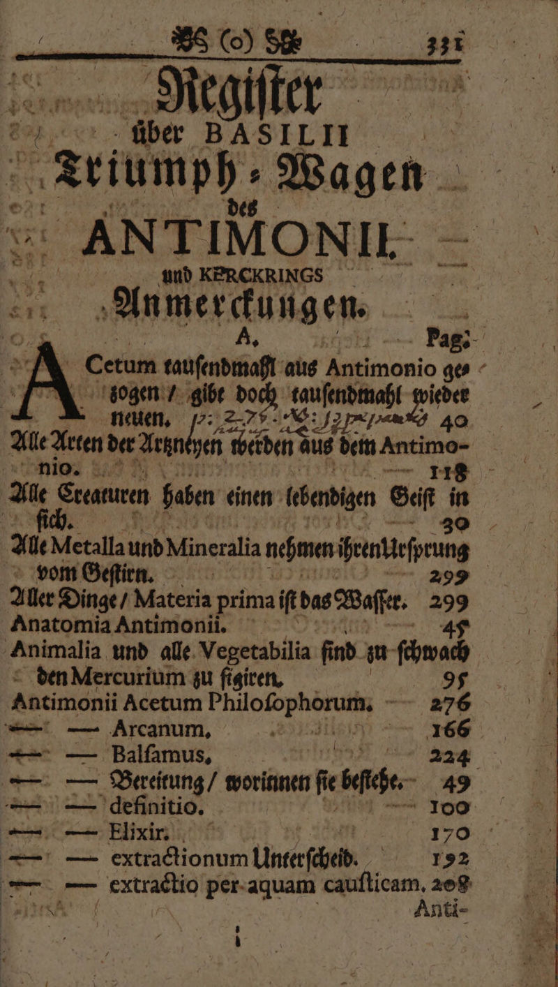 8% (o) 80 ut | He giſter über alter, 5 ah, Ke ANTIMONIIE — 5 und KERCKRINGS 271 Anmerckungen. N 10.5 - Pag;- | Cum eden aus 0 ge⸗ STR ogen / gibe . 9 vieder neuen. 42 Ale Aten der ein h we werden due aus dem Ar Antimo Ln KR ar > | Abe Erearuren haben einen (edu Geiſt K. Aue Metalla und Mineralia nehmen rentiefprung vom Geſtirn. 299 Aller Dinge / Materia prima iſt das Waſſe. 3 Anatomia Antimonii. Animalia und alle Vegetabilia ſind in ſcwac den Mercurium zu figiren, 3 Antimonii Acetum Ania ern 276 — — Arcanuım, 4 1866 — — Balfamus, 224 — — Bereitung / worinnen Feige 49 — A detfinitio. 100 — — Elixir. re — — extraetionum Ilntttſcheh 12 b sa extractio per Karl cauſticam. ac e Anti- f 8 j 5