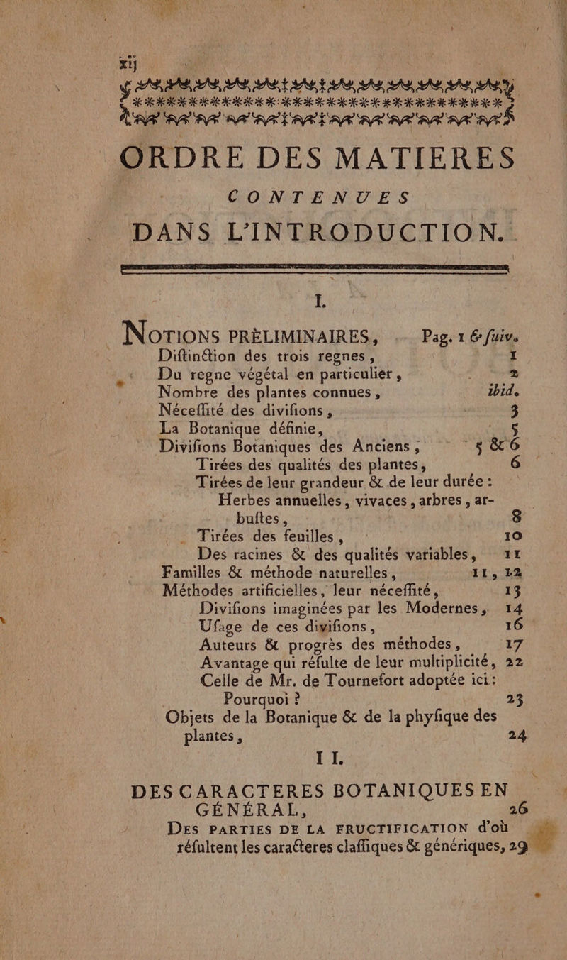 x Ch XKKKKKEKHEIXX AR ANR AA ART ARE AR AR RAR AR SA ARS ORDRE DES MATIERES Co NTE NUES DANS L'INTRODUCTION.. I. : Norions PRÉLIMINAIRES, .… Pag, 1 € füiv. I Diftindion des trois regnes, Du regne végétal en particulier , 2 Nombre des plantes connues, zbid. Néceflité des divifions, | 3 La Botanique définie, | “as Divifions Botaniques des Anciens, s&amp;6 Tirées des qualités des plantes, 6 Tirées de leur grandeur &amp; de leur durée : Herbes annuelles, vivaces , arbres, ar- buftes, _ … Tirées des feuilles, : 19 Des racines &amp; des qualités variables, 11 Méthodes artificielles, leur néceffité, 13 Divifions imaginées par les Modernes, 14 Ufige de ces diwifions, 16 Auteurs &amp; progrès des méthodes, 17 Avantage qui réfulte de leur multiplicité, 22 Ceile de Mr. de Tournefort adoptée ici: ; Pourquoi ? 23 Objets de la Botanique &amp; de la phyfique des plantes, 24 I I. DES CARACTERES BOTANIQUES EN GÉNÉRAL, 26 réfaltent les caratteres claffiques &amp; génériques, 2 RP AE