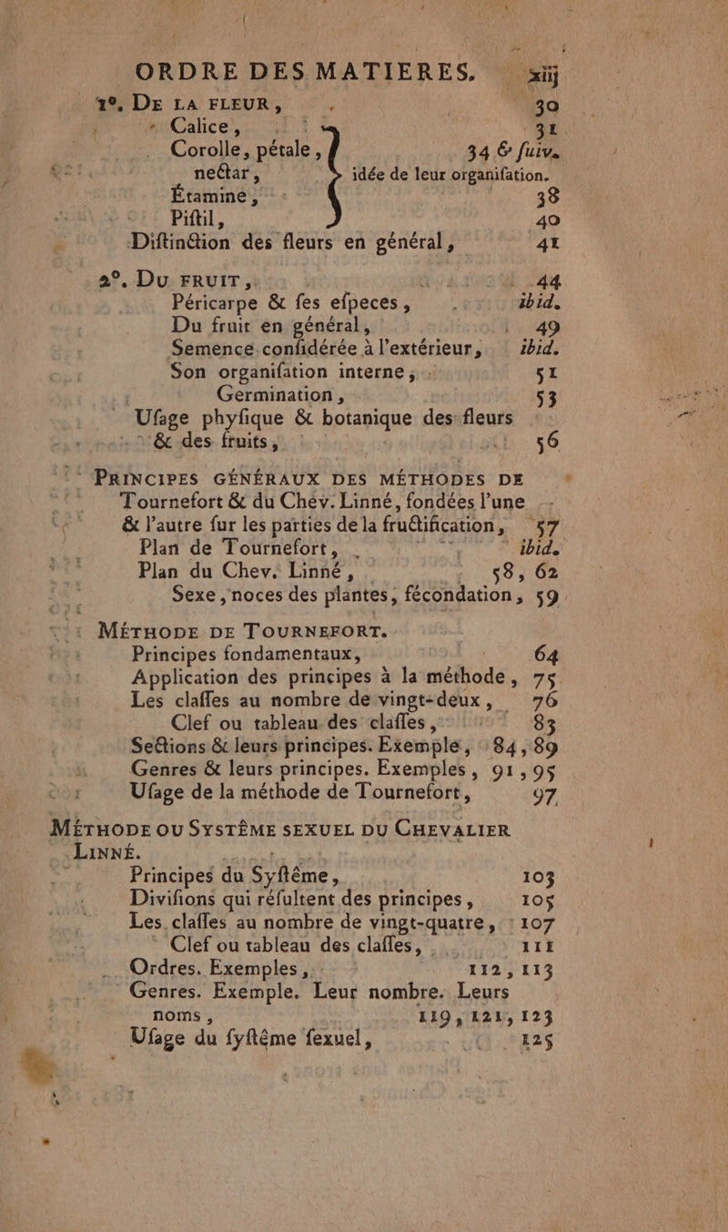 ORDRE DES. MATIERES, 4°. DE LA FLEUR, 30 méCalices 127 AE. Corolle, pétale s 34 6 fuiv. ner : idée de leur organifation. tamme, | 33 Piftil, 49 Diftinétion des fleurs en général, AL 2°, Du FRuIT,. { | 44 Péricarpe & fes efpeces, ibid. Du fruit en général, .. 49 Semence confidérée à l'extérieur, z2bid. Son organifation interne ; SI Germination, | Ufige phyfique & Rotaqqie des: fleurs & des fruits, 56 4 & l’autre fur les parties de la fruétification, 57 | Plan de Tournefort, . ” ibid. Plan du Chev. Linné, 583, 62 : MÉTHODE DE T'OURNEFORT. Principes fondamentaux, Les clafles au nombre de vingt-deux, Clef ou tableau des clafles, 76 8 Ufage de la méthode de Tournefort, 07 MÉTHODE OU SYSTÈME SEXUEL DU CHEVALIER à Jan. Principes du Sy flême, 103 Divifions qui réfultent des principes , 105$ Les. claffes au nombre de vingt-quatre, : 107 Clef ou tableau des clafles, . . 11# Ordres, Exemples 112, 113 Genres. Exemple. Leur nombre. Leurs noms , 119, 121, 123 Ufage du fyftêéme fexuel, 12$