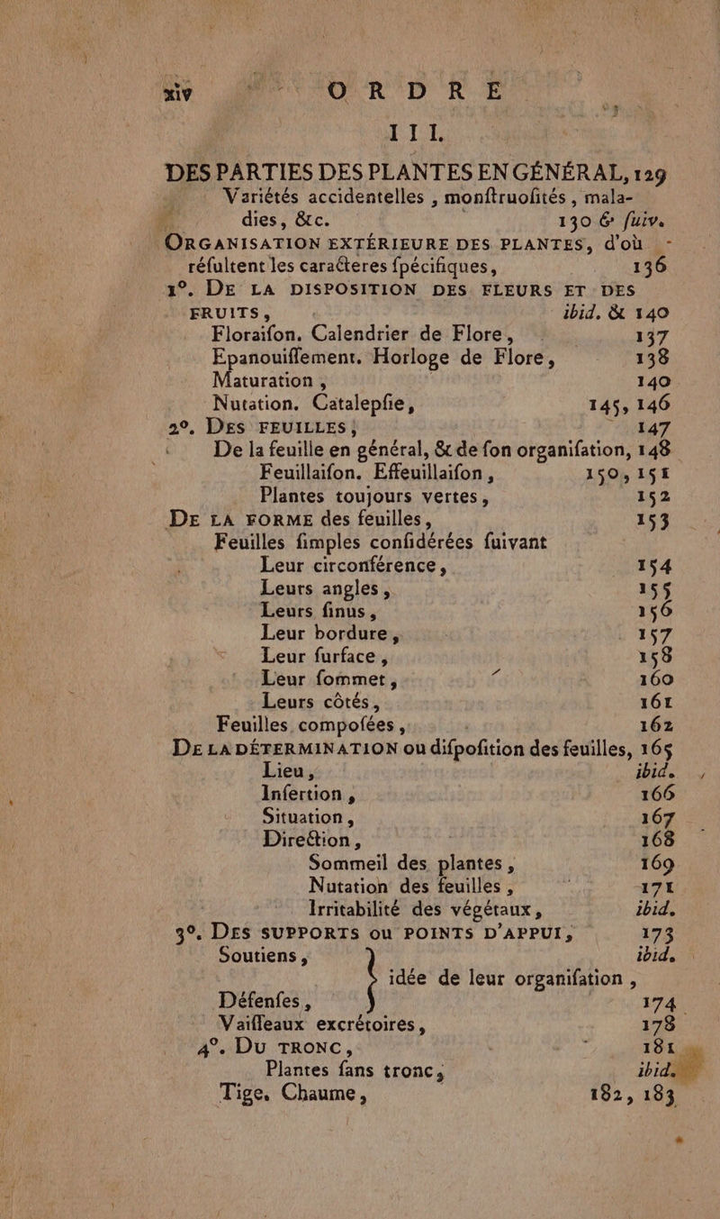 EN APT CRD RE II DES PARTIES DES PLANTES EN GÉNÉRAL, 129 Variétés accidentelles , monftruofités, ae | dies, &amp;c. 130 6 fuiv. | ORGANISATION EXTÉRIEURE DES PLANTES, d'où réfultent les caraéteres fpécifiques, 136 1°. DE LA DISPOSITION DES FLEURS ET DES FRUITS, | ibid, &amp; 140 Floraifon. Calendrier de Flore, : 137 Epanouiffement. Horloge de Flore, 138 Maturation, 140 Nutation. Gatalepfe, 145, 146 2°. DES FEUILLES; OT De la feuille en général, &amp; de fon organifation, 148 Feuillaifon. Effeuillaifon , 150, 15€ Plantes toujours vertes, 152 DE LA FORME des feuilles, 153 Feuilles fimples confidérées fuivant Leur circonférence, 154 Leurs angles, 155 Leurs finus, 15 Leur bordure, | L IST Leur furface, 158 Leur fommet, Ÿ 160 Leurs côtés, 161 Feuilles, compofées, 162 DE LA DÉTERMINATION ou difpofition des feuilles, 16$ Lieu, ibid, Infertion , 166 Situation, 167 Direétion, ; 168 Sommeil des, plantes, 169 Nutation des feuilles , 171 Irritabilité des végétaux : ibid. 3°. DES SUPPORTS ou POINTS D’APPUI, 173 Soutiens, ibid, idée de leur organifation , Défenfes, 174 Vaifleaux excrétoires, 173 4°. Du TRONC, ï 181. Plantes fans tronc, ibid Tige, Chaume, 182,183 *