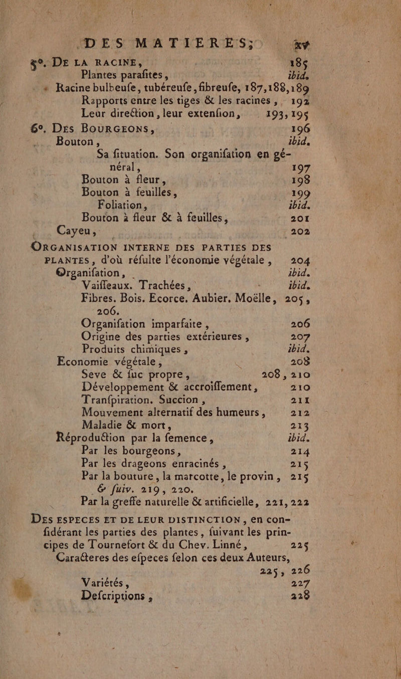 DES MATIERES; &w $°. DE LA RACINE, | 18$ Plantes parafites, ibid, + Kacine bulbeufe, tubéreufe , fibreufe, 187,188,189 Rapports entre les tiges & les racines, 192 Leur direétion , leur extenfon, 193; 195$ 6°. Des BouRGEONS, 196 . Bouton, | ibid, Sa fituation. Son organifation en gé- néral, , 197 Bouton à fleur, 198 Bouton à feuilles, 199 Folation, ibid, Bouton à fleur & à feuilles, 201 Cayeu, 202 ORGANISATION INTERNE DES PARTIES DES PLANTES, d'où réfulte l’économie végétale, 204 Organifation, | ibid, Vaïffeaux. Trachées, ibid. Fibres. Bois. Ecorce, Aubier, Moëlle, 205, 206. Organifation imparfaite , 206 Origine des parties extérieures , 207 Produits chimiques , ibid. Economie végétale, 208 Seve & fuc propre, 208 , 210 Développement & accroifflement, 210 Tranfpiration. Succion , 211 Mouvement alternatif des humeurs, 212 Maladie & mort, 213 Réproduttion par la femence, ibid. Par les bourgeons, 214 Par les drageons enracinés, 21$ Par la bouture , la marcotte, le provin, 215 6 fuiv. 219, 220. Par la greffe naturelle & artificielle, 221, 222 Des ESPECES ET DE LEUR DISTINCTION, en con- fidérant les parties des plantes, fuivant les prin- cipes de T'ournefort & du Chev. Linné, 22$ Caraéteres des efpeces felon ces deux Auteurs, ï 225, 226 Lo Variétés, 227 Defcriptions , 228