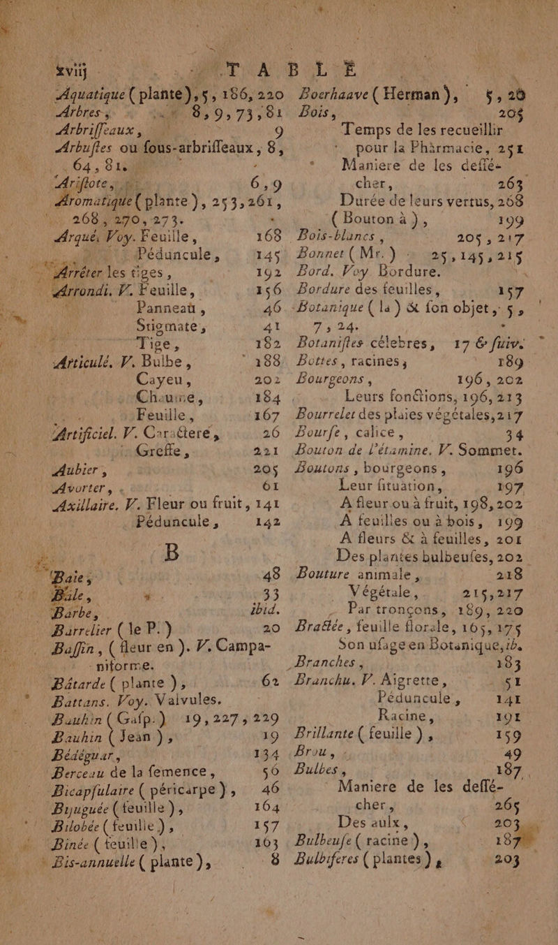 64, 81e pa LAriflote M. 6 »9 Æromatique( plante), 253,261, NT 208870, 273.  We Voy. Feuille, 168 Péduncule, 145 drréter les € iges , 192 | Armndi P.. Feuille, 156 Panneaù , 46 Stigmate ; 41 ; Ti ipe # 192 Abu, V. Bulbe K 188 Cayeu, 202 Chaure, 184 Feuille 167 Artificiel. F. C: raéteré, 26 : Greffe, 221 Aubier , 20$ Avorter, . Ôt Axillaire, V. Fleur ou fruit, 141 Péduncule, 142 B aie, Fi é 48 À 10.48 Gle, * : +33 Lx Bärbe, | ibid. 20 Barrelier (le P.) Baffin, (f fleur en Ÿ&gt; V. Campa- nitorrr pi Bétarde ( plante ), 62 Batrans. Voy. Valvules. Bauhin(Guafp.) 19,227, 229 FR SR 19 Bédéguar, 134 Berceau dé la femence, 50 Bicapfulaire ( péricarpe), 46 Buyuguée (teuille), 164 : MASTER 157 | Binée ( teuille), 103 vi | Fit Aquatique ( plante), “à 166,220 Pocrhaave( Herman), 5, 20 (OnRES £ #7. nn 8,9; 73,81 Bois, 208 : Arbrifleaux , UN 9 Temps de les recueillir * Maniere de les deffée cher, 263 Durée ele eurs vertus, 268 (Boutonä), 199 Bois-blunes, 205,217 Bonnet ( Mr Jet, Tate Bord, Vey. Bordure. Va Bordure des feuilles, 267 7 s 24. Botanifles célebres, 17 Efi. Bottes, racines, RE 1 à Bourgeons , 196, 202 Leurs fon&amp;tions, 196, 213 Bourreler des plaies végétales,217 Bourfe, calice, 34 Bouton de l’étimine. V. Sommet. Boutons , bourgeons, 196 Leur ftuation, 197 À fleur ou à fruit, 198,202 À fepilles QUE bois » 199 A fleurs &amp; à feuilles, 20 Des plantes bulbeufes, 202. Bouture animale, 218 Végétale, 21652417 - Par tronçons, 189, 220 FA feuille florle, 165,175 Son ufageen Botanique, ibe Branches, 183 Branchu. V. Aigrette, - SL Péduncuie , 14I Racine, I0L Brillante ( feuille ) , 159 Brou, 4 49 Bulbes, 187. Maniere de les deffé- cher, 26$ Des auix, 203 Bulbeufe ( racine), + 1870 Bulbiferes (plantes), 203