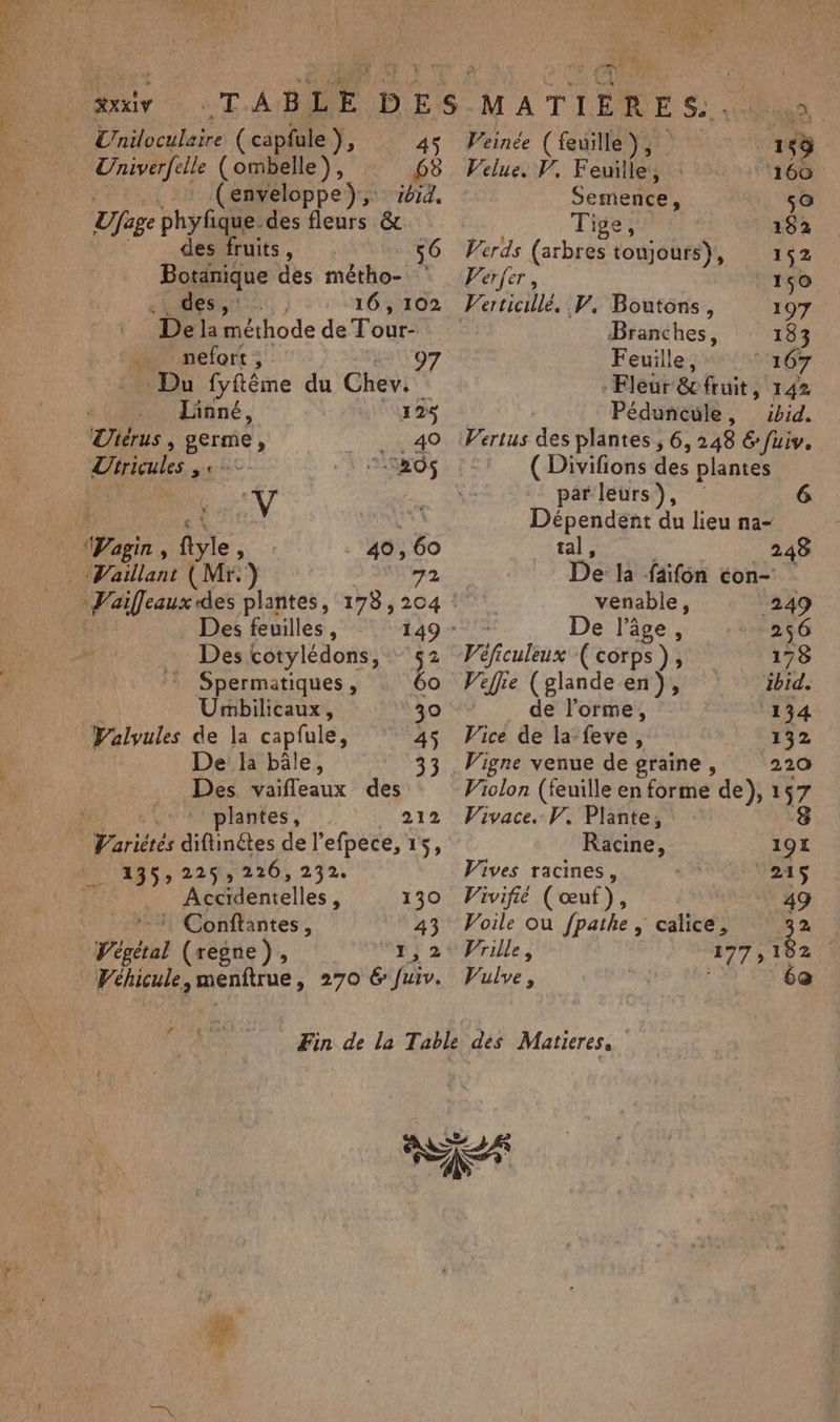 Doricrés diftinétes de l’efpece, 15, 135: 225; 226, 232. Accidentelles ; 130 © Conftantes, 43 Vigétal (regne), D PE Wéhicule, menfirue 270 6 fuiv.  À: RETH Fe ee | a Ki XXXIV TABLE DES. MATIÈRES. à L'ailoculaire ( capfule de 45 Veinée Ç feuille}, 155 Univerfelle (ombelle), 68 Velue. V, Feuille, : 166 (enveloppe), 1614, Semence, 50 Ufage phyfique des fleurs &amp; Tige 182 des fruits, 56 Werds (arbres tonjoufs), 152 Fe ee des métho- Verfer, 150 | | 16,102 VWerticillé. V, Boutons, 197 De méthode deTour- Branches, 183 No nelont 97 Feuille, 167 Du fyftême du Chev. À Fleur &amp;fruit, 142 Linné, yes Péduncule, id. | Lièrus , germe, 40 (Wertus des plantes , 6, 248 € fuiv. Urricules , +. RO0$ : !: ( Divifions des plantes V | par leurs), 6 | (aie Dépendent du lieu na- | agi, te 49 , 60 tal, 248 alter (Mr.) 2 De la faifon con- Vailleaux des plantes, 173,204 venable, 249 Des feuilles, 149 + De lâge, 256 Des cotylédons, 52 8e (corps), 178 * Spermatiques, 60 Wéffie (glande en), ibid. Umbilicaux, 30 de l’orme, ‘134 Valvules de la capfule, 45 Vice de la-feve, 132 De ha bâle, 33 . Vigne venue de graine, 220 Des vaifleaux des Violon (feuille en forme de), 157 plantes, 212 Vivace. V. Plante, Racine, ne Vives racines, 215 Vivifié (œuf), 49 Voile ou fpathe , calice, 4 Vrille, 177 , 102 Vulve, qe ‘6e