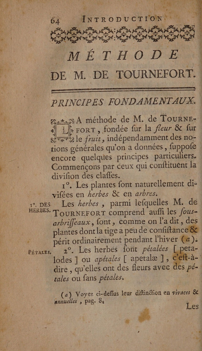 LS À AE MA A NUEEN FSU ONE EN à ne NU T0 AU I ARR Era RS 4 à 14 k NE” ah ARENA L 6 ‘ANTRODUCTIONN A. à _ ANONS DÉS EI ND DIT NEED EDS OT MT ME T.:H.0. Dr dd À ‘ : D LVPDE M DE TOURNEFORT. | PRINCIPES FONDAMENTAUX. ON rs À méthode de M. de ToURNE- .. | + 4 E rorT, fondée fur la fZeur &amp; fur d Sera le fruit, indépendamment des no- IE tions générales qu’on a données, fuppoie : a encore quelques principes particuliers. IC Commençons par ceux qui conftituent la divifion des clafles. Fit 1°, Les plantes font naturellement di- * vifées en herbes &amp; en arbres. 37. DES Les herbes | parmi lefquelles M. de. : TouRNEFORT comprend aufli les /ous- arbriffeaux, font, comme on l'a dit, des ui | plantes dont la tige a peu de confiftance 8 Morn périt ordinairement pendant l'hiver @ ): pérares 2°. Les herbés foït péralées [ pet lodes 1 ou apérales [ apetalæ ], @e ft. dire , qu’elles ont des fleurs avec des tales ou fans pétales, | _ (a) Voyez ci-deflus leur diftinftion en vivaces êc ail ænnuclles , pag. 8 C À RE 12 Les