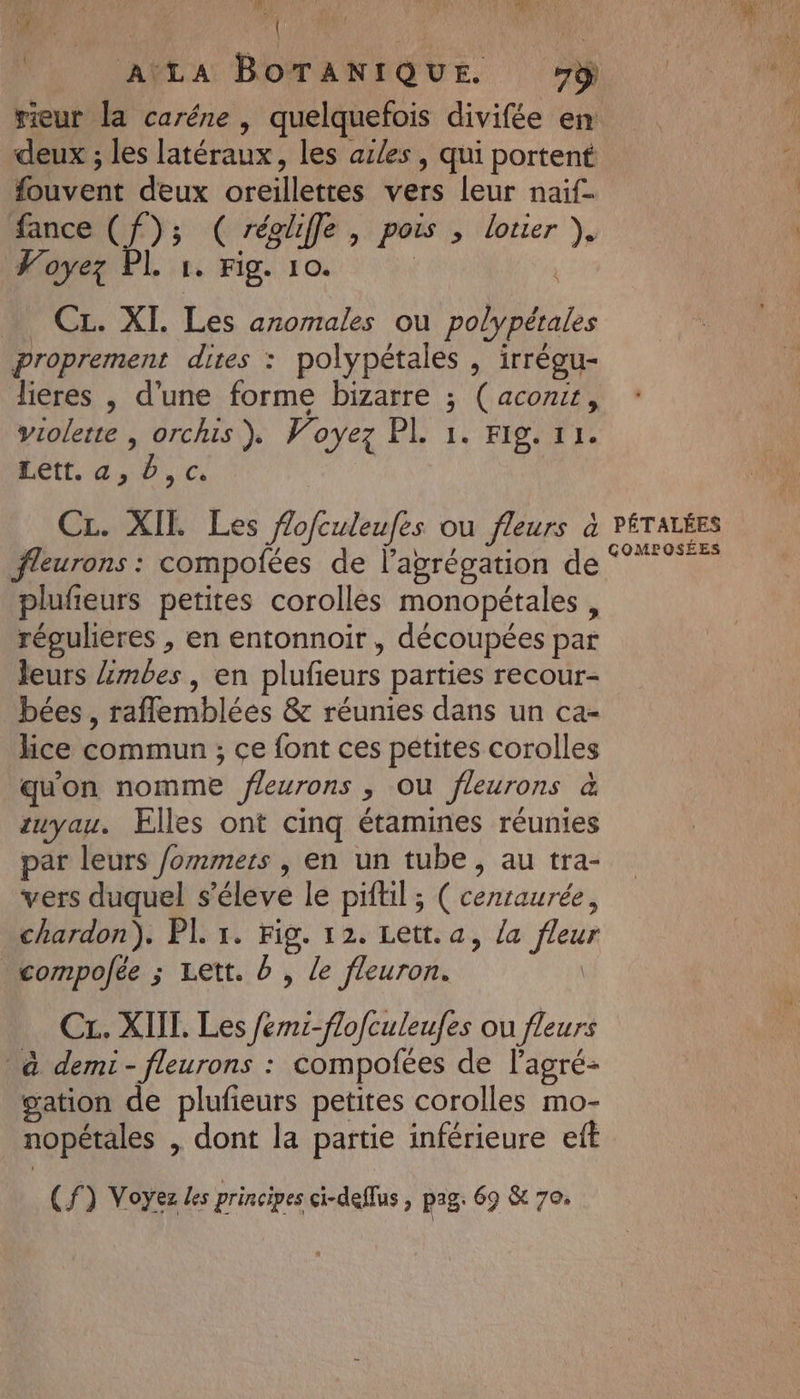 ; £ M4 TR RAR re R AILA BOTANIQUE #3) rieur la caréne , quelquefois divifée en deux ; les latéraux, les azles, qui portent fouvent deux oreillettes vers leur naif- fance (f); ( régliffe, pois , lotier }. Foyez PL 1. Fig. 10. | { _ CL. XI. Les anomales ou polypétrales proprement dites : polypétales , irrégu- lieres , d’une forme bizarre ; (aconit, violette | orchis ). Voyez PL 1. Fig. 11. Lett., a, b,c. CL. XII Les ffofculeufes ou fleurs à fleurons : compofées de l'agrégation de pluñeurs petites corolles monopétales, régulieres , en entonnoir , découpées par leurs Zmbes , en plufeurs parties recour- bées , raflemblées &amp; réunies dans un ca- kce commun; ce font ces pétites corolles qu'on nomme fleurons , Où fleurons à zuyau. Elles ont cinq étamines réunies par leurs /ommers , en un tube, au tra- vers duquel s’éleve le piftil ; ( cezraurée, chardon). PL. 1. Fig. 12. Lett. a, la fleur compolée ; Lett. d , le fleuron. | CL. XIIL. Les /emi-flofculeufes ou fleurs à demi- fleurons : compofées de l'agré- sation de plufieurs petites corolles mo- nopétales , dont la partie inférieure eft (f) Voyez les principes ci-deflus , pag. 69 &amp; 70. PÉTALÉES COMPOSÉES