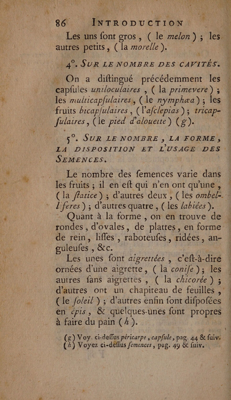 : 1) à k HE 86 INTRODUCTION. Les uns font gros, ( le melon ) ; autres petits, ( la Dot % un 4°. SUR LE NOMBRE DES CAVITÉS. On a diftingué précédemment les Riou es uniloculaires , ( la primevere ) ; les mulricapfulaires,, (le nymphæa) ; les ulasres le pied d’alouerte (le p (g) 5°. SUR LE NOMBRE , LA FORME, LA DISPOSITION ET L trs A DES SEMENCES. Le nombre des femences varie dans les fruits ; il en eft qui n’en ont qu'une, Re = > de rein, lifles, raboreufes , ridées an- PARUS RC. Les unes font aigrertées | c’eft-à-dire ornées d'une aigrette, ( la conife); les autres fans aigrettes , ( la chrcorée ) ; (le Joleil ) ; d’autres enfin font difpofées en épis, & quelques-unes font propres à faire du pain (4). (g) Voy. ci-deffus péricarpe , capfule, pag. 34 &luive