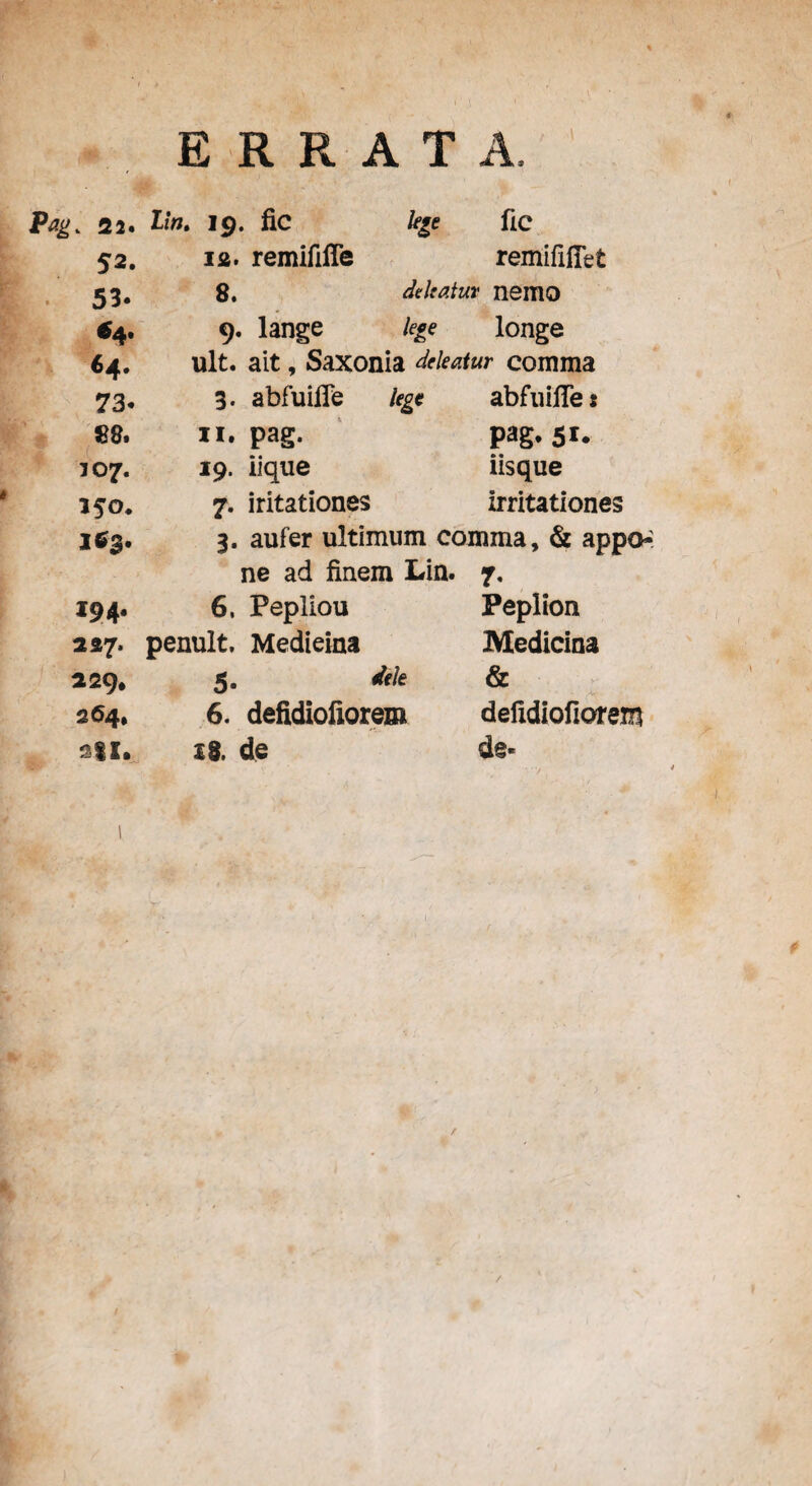 ERRATA Pag. 22. Ii». 19. fic lege fiC 52. ia. remififfe remififiet 53. 8. deltatm * nemo *4’ 9. lange lege longe «4. ult. ait, Saxonia deleatur comma 73. 3. abfuiffe lege abfuiffe s 88. n. pag. pag. 51. 107. 19. iique iis que 150. 7. iritationes irritationes 1*3* 3. aufer ultimum comma, & app ne ad finem Lin. 7- *94* 6, Pepliou Peplion nz7. penult, Medieina 229, 5. Me 264. 6. defidiofiorem 2|X. £8, de Medicina & ; defidiofiorem de« p /