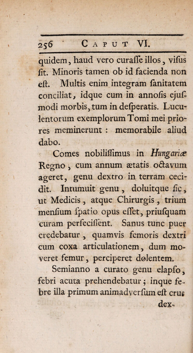 quidem, haud vero curafle illos, vifiis fit. Minoris tamen ob id facienda non eft. Multis enim integram fanitatem conciliat, idque cum in annofis ejufi modi morbis, tum in defperatis. Lucu¬ lentorum exemplorum Tomi mei prio¬ res meminerunt : memorabile aliud dabo. Comes nobiliflxmus in Hungarue Regno , cum annum aetatis o&avum ageret, genu dextro in terram ceci¬ dit. Intumuit genu , doluitque fic, ut Medicis , atque Chirurgis , trium menfium fpatio opus efiet, priuiquam curam perfeciflent. Sanus tunc puer credebatur , quamvis femoris dextri cum coxa articulationem, dum mo¬ veret femur, perciperet dolentem. Semianno a curato genu elapfo, febri acuta prehendebatur ; inque fe¬ bre illa primum animadverfum eft crus dex»