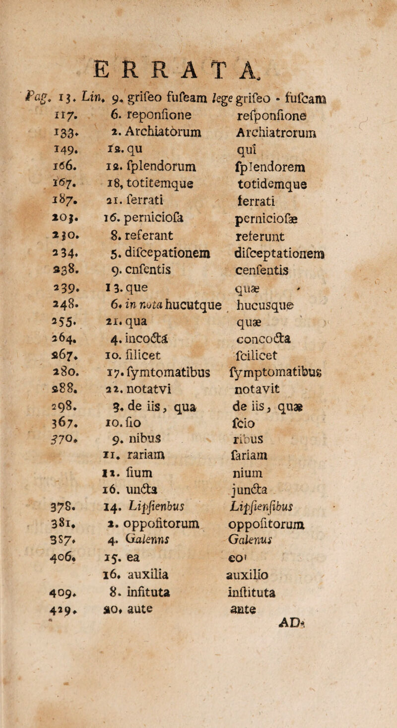 ERRATA, Pag. 13 „ Lin. 9* grifeo fuream /ege grifeo - fufcam 117. 6. reponfione refponfione m* 2. Arehiatdrum Archiatrorum T49» xa. qu qui 166. 12. fplendorum fplendorem 167. 18, totitemque totidemque 187. ai. ferrati ferrati 20). 16. perniciofa pemiciofae 2)0. 8. referant reterunt 2 34* 5. difcepationem difceptationem 338. 9. cnfentis cenfentis 2 39* 13. que quae 248. 6. in nuta hucutque hucusque 255» 21. qua quae 264, 4. inco&a conco&a 267. 10. filicet fcilicet 280. i^.fymtomatibus fymptomatibug »88. 22. notatvi notavit 298. 9. de iis, qua de iis, qu* 367. 10. fio fcio 37 o* 9. nibus ribus ii. rariam fariam ix. fium nium 16. unda jun&a 37&. 14. Lipjienbus Lipfienfibus 381* 2. oppoiitorum oppofitorum 3S7. 4. Guiems Galenus 406* 15. ea €0> 16. auxilia auxilio 409. 8. infituta inftituta 4l9* sto» aute ante « ADt