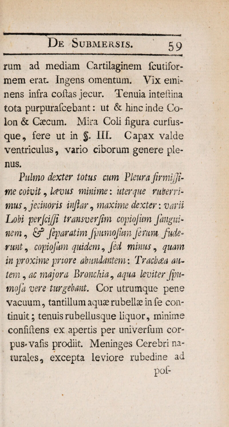 De Submersis. 59 rum ad mediam Cartilaginem fcutifor- mem erat. Ingens omentum. Vix emi¬ nens infra collas jecur. Tenuia inteftina tota purpurafcebant: ut & hmc inde Co¬ lon & Caecum. Mira Coli figura curfus- que, fere ut in §. III. Capax valde ventriculus, vario ciborum genere ple¬ nus. Pulmo dexter lotus cum Pleura firmijji- me coivit, laevus minime: uterque ruberri¬ mus , jecinoris inftar, maxime dexter: varii Lobi perjcijffi transverjim copiojiim fangui- nem, & Jeparatim JjntmoJmn ferum fude¬ runt , copiojiim quidem, Jed minus, quam in proxime priore abundantem: Tracbaa au¬ tem , ac majora Bronchia, aqua leviter Jpu- moja vere turgebant. Cor utrumque pene vacuum, tantillum aquae rubellae in fe con¬ tinuit; tenuisrubellusque liquor, minime I confillens ex apertis per univerfum cor¬ pus- vafis prodiit. Meninges Cerebri na¬ turales, excepta leviore rubedine ad pof-