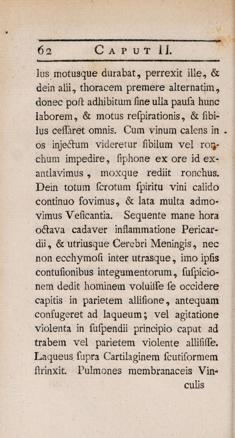 Ius motusque durabat, perrexit ille, & dein alii, thoracem premere alternatim, donec po(l adhibitum fine ulla paufa hunc laborem, & motus refpirationis, & fibi- lus ceflaret omnis. Cum vinum calens in . os injedlum videretur fibilum vel ron¬ chum impedire, fiphone ex ore id ex¬ antlavimus , moxque rediit ronchus. Dein totum fcrotum fpiritu vini calido continuo fovimus, & lata multa admo¬ vimus Veficantia. Sequente mane hora oftava cadaver inflammatione Pericar¬ dii , & utriusque Cerebri Meningis, nec non ecchymofi inter utrasque, imo iplis contufionibus integumentorum, fufpicio- nem dedit hominem voluilfe fe occidere capitis in parietem allifione, antequam confugeret ad laqueum; vel agitatione violenta in fufpendii principio caput ad trabem vel parietem violente allififle. Laqueus fupra Cartilaginem fcutiformem ftrinxit. Pulmones membranaceis Vin¬ culis