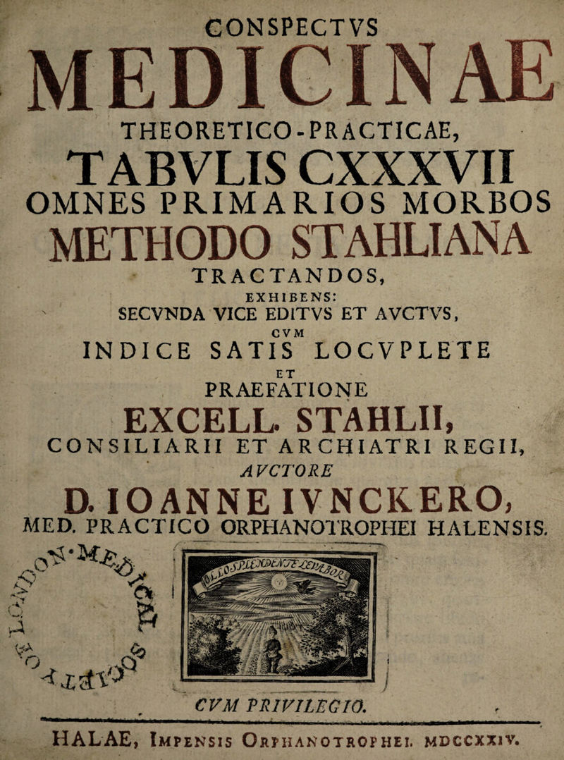 CONSPECTVS MEDICINAE THEORETICO-PRACTICAE, TABVLIS CXXXVII OMNES PRIMARIOS MORBOS METHODO STAHLIANA TRACTANDOS, EXHIBENS: SECVNDA VICE ED1TVS ET AVCTVS, CVM INDICE SATIS LOCVPLETE ET PRAEFATIONE EXCELL. STAHLII, CONSILIARII ET ARCHIATRI REGII, AVCTORE D. IO ANNE IVNCKERO, MED. PRACTICO ORPHANOTROPHEI H ALENS IS. CVM PRIVILEGIO. HALAE, Impensis Orfhanotrophei. mdccxxiv.