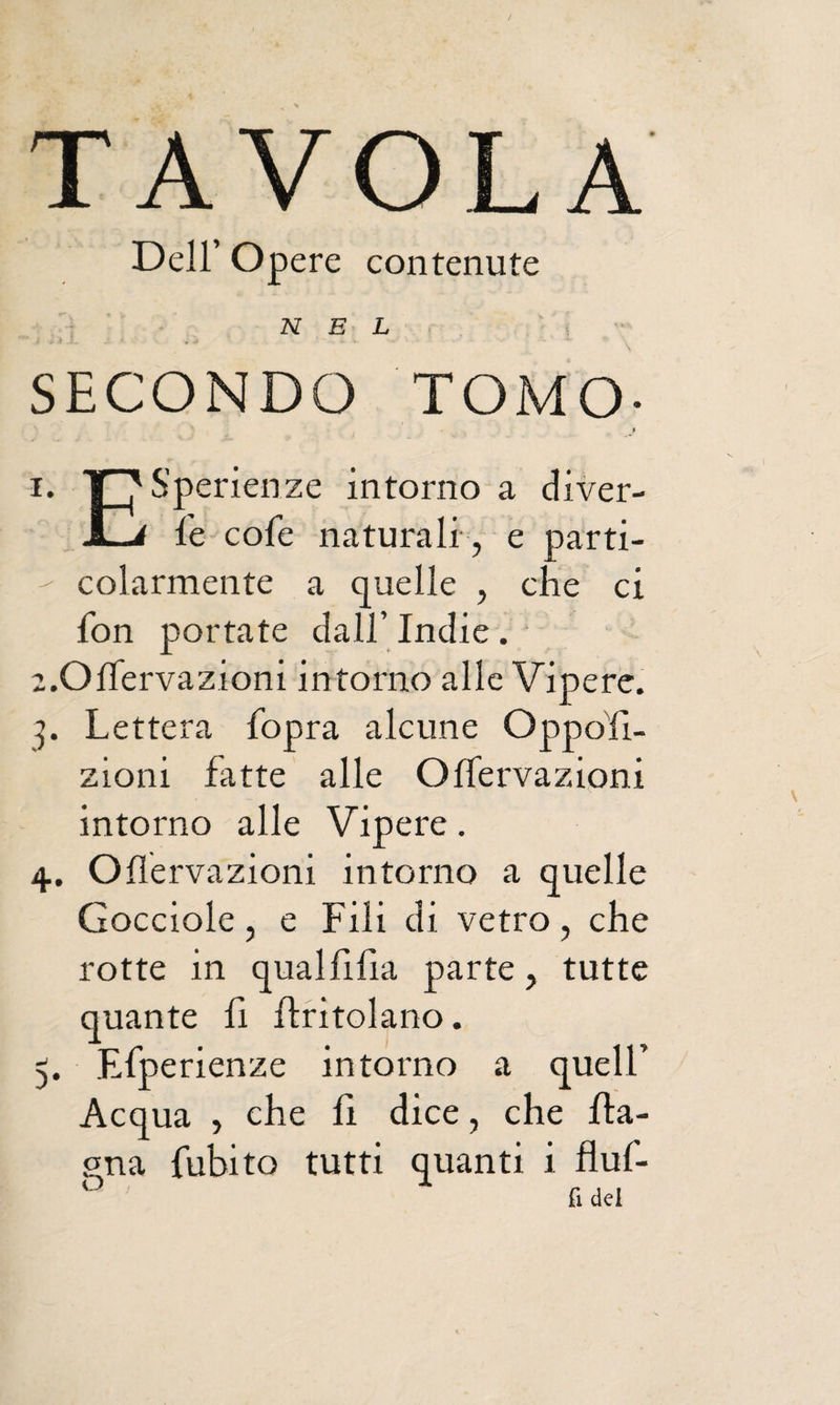 TAVOLA Dell’ Opere contenute NEL SECONDO TOMO I. S’perienze intorno a diver- le cofe naturali, e parti- - colarmente a quelle , che ci fon portate dall’ Indie . z.Olfervazioni intorno alle Vipere. 3. Lettera fopra alcune Oppofi- zioni fatte alle Offervazioni intorno alle Vipere. 4. Onervazioni intorno a quelle Gocciole, e Fili di vetro, che rotte in qualfifia parte, tutte quante li {tritolano. Efperienze intorno a quell’ Acqua , che li dice, che {la¬ gna fubito tutti quanti i fluf- 3 fi del