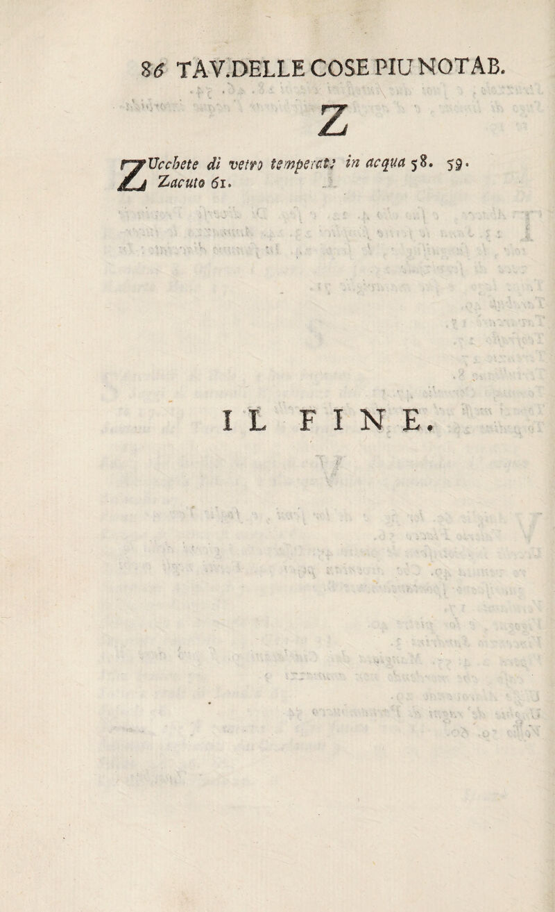 8<J TAV.DELLE COSE PIU NOTAB. Z z ITcchete dì vetro temperate in acqua 58. 59. %acut® 61» J\ It FINE, 1