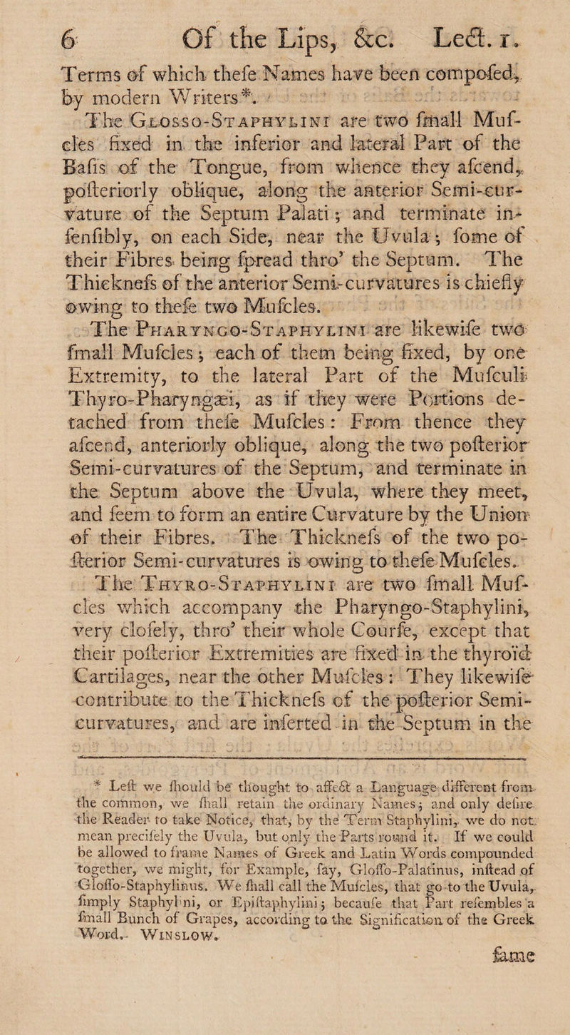 Terms of which thefe Names hate been compofed, by modern Writers*. The Goosso-Staphylimi are two fmall Muf- des fixed in. the inferior and lateral Part of the Bafis of the Tongue, from whence they afcend* pofteriorly oblique, along the anterior Semi-cur¬ vature of the Septum Palati; and terminate in- fenfibly, on each Side, near the Uvula •, fome of their Fibres- being fpread thro5 the Septum. The Thieknefs of the anterior Semi-curvatures is chiefly owing to thefe two Mufcles. The Pharyngq-Staphylini are Hkewife two fmall Mufdes j each of them being fixed, by one Extremity, to the lateral Part of the Mufculi Thyro-Ph-aryngaei, as if they were Portions de¬ tached from thefe Mufcles: From thence they afcend, anteriorly oblique, along the two poflerior Semi-curvatures of the Septum, and terminate in the Septum above the Uvula, where they meet* and feem-to form an entire Curvature by the Union of their Fibres. The Thieknefs of the two po¬ flerior Semi-curvatures is owing to thefe Mufcles. The Thyro-Staphylini are two fmall. Muf¬ des which accompany the Pharyngo-Staphylini, very clofely, thro5 their whole Courfe, except that their poflerior Extremities are fixed in the thyroid Cartilages, near the other Mufcles : They like wife contribute to the Thieknefs of the poflerior Semi¬ curvatures, and are inferted in the Septum in the * Left Vr'e ftiould be thought to affeft a Language different from- the common, we flrall retain the ordinary Names; and only delire the Reader to take Notice, that, by the Term Staphylini,. we do not. mean precifely the Uvula, hut only the Parts round it. If we could be allowed to frame Names of Greek and Latin Words compounded together, we might, for Example, fay, Gloffo-Palatinus, inftead of Gloffo-Staphylmus, We fhall call the Mufcles, that go to the Uvula, limply Staphyhni, or Epiftaphylini; becaufe that Part refembles a fmall Bunch of Grapes, according to the Signification of the Greek Word. Win slow. fame