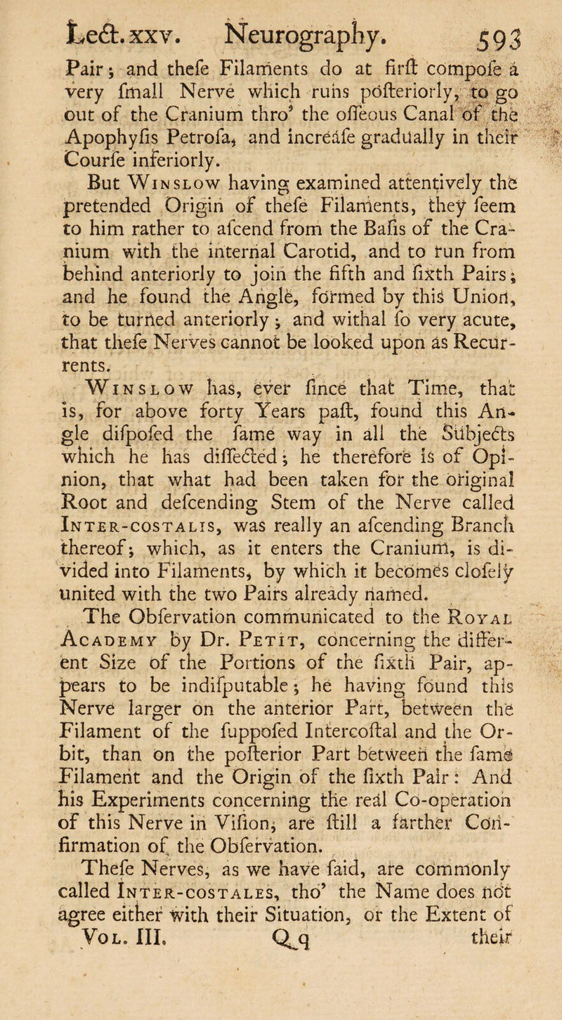 Pair; and thefe Filaments do at firft compofe a very fmall Nerve which runs pofteriorly, to go out of the Cranium thro5 the ofieous Canal of the Apophyfis Petrofa, and increafe gradually in their Courfe inferiorly. But Wi nslow having examined attentively the pretended Origin of thefe Filaments, they feem to him rather to alcend from the Bafis of the Cra¬ nium with the internal Carotid, and to run from behind anteriorly to join the fifth and fixth Pairs; and he found the Anglk, formed by this Union, to be turned anteriorly ^ and withal fo very acute, that thefe Nerves cannot be looked upon as Recur¬ rents. Winslow has, ever fince that Time, that is, for above forty Years paft, found this An¬ gle difpofed the fame way in all the Subjects which he has difledted; he therefore is of Opi¬ nion, that what had been taken for the original Root and defcending Stem of the Nerve called Inter-costalis, was really an afcending Branch thereof; which, as it enters the Cranium, is di¬ vided into Filaments* by which it becomes clofelV United with the two Pairs already named. The Obfervation communicated to the Royal Academy by Dr. Petit, concerning the differ¬ ent Size of the Portions of the fixth Pair, ap¬ pears to be indifputable | he having found this Nerve larger on the anterior Part, between the Filament of the fuppofed Intercoftal and the Or¬ bit, than on the pofterior Part between the fame Filament and the Origin of the fixth Pair: And his Experiments concerning the real Co-operation of this Nerve in Vifion* are ftill a farther Con¬ firmation of the Obfervation. * Thefe Nerves, as we have faid, are commonly called Inter-costales, tho’ the Name does not agree either with their Situation, or the Extent of Vol. Ill, Qjq their