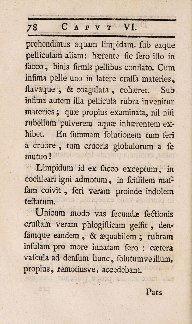 /8 C A P V T VI. prehendimus aquam limpidam, fub eaque pelliculam aliam: haerente fic fero illo in facco, binis firmis pellibus conflato. Cum infima pelle uno in latere cralfa materies, fiavaque , &amp; coagulata , cohaeret. Sub infima autem illa pellicula rubra invenitur materies ; quae propius examinata, nil nifi rubellum pulverem aquae inhaerentem ex¬ hibet. En fummam folutionem tum feri a cruore , tum cruoris globulorum a fe mutuo! Limpidum id ex facco exceptum, in cochleari igni admotum, in fciflilem maf- fam coivit, feri veram proinde indolem teftatum. Unicum modo vas fecundae fe&amp;ionis cruftam veram phlogifticam geffit, den- famque eandem , &amp; aequabilem ; rubram infulam pro more innatam fero : caetera vafcula ad denfum hunc, folutum ve illum, propius, remotiusve, accedebant. Pars