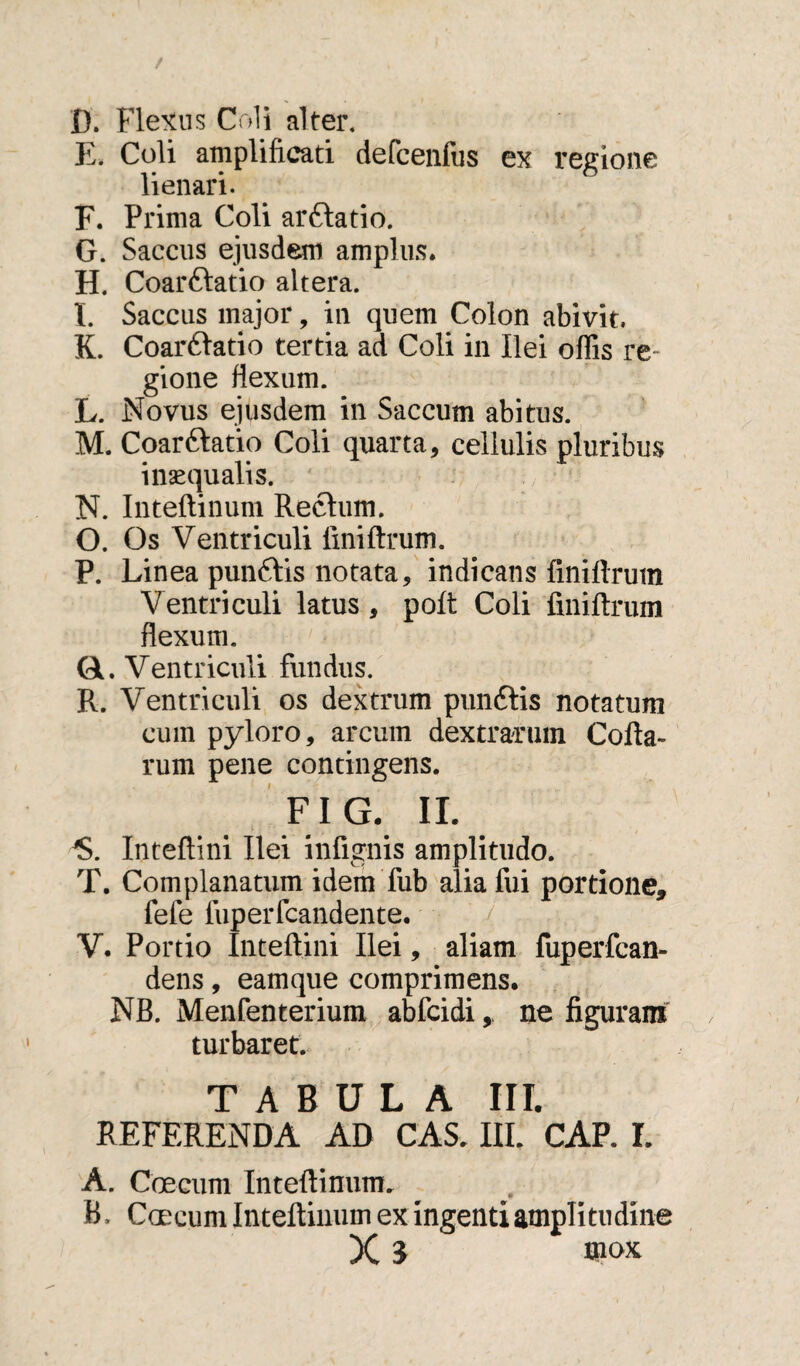 I). Flexus Coli alter. E. Coli amplificati defcenfus ex regione lienari. E. Prima Coli arttatio. G. Saccus ejusdem amplus. H. Coarftatio altera. I. Saccus major, in quem Colon abivit. K. Coar£tatio tertia ad Coli in Ilei offis re gione flexum. L. Novus ejusdem in Saccum abitus. M. Coar&atio Coli quarta, cellulis pluribus inaequalis. N. Inteftinum Rectum. O. Os Ventriculi finiftrum. P. Linea punftis notata, indicans finiftrum Ventriculi latus , poft Coli finiftrum flexum. GL Ventriculi fundus. R. Ventriculi os dextrum pundtis notatum cum pyloro, arcum dextrarum Colla¬ rum pene contingens. F1 G. II. Inteftini Ilei infignis amplitudo. T. Complanatum idem fub alia fui portione, fele fuperfcandente. V. Portio Inteftini Ilei, aliam fuperfcan- dens, eamque comprimens. NB. Menfenterium abfcidi, ne figuram turbaret. TABULA III. REFERENDA AD CAS. III. CAP. I. A. Caecum Inteftinum. B. Caecum Inteftinum ex ingenti amplitudine X i