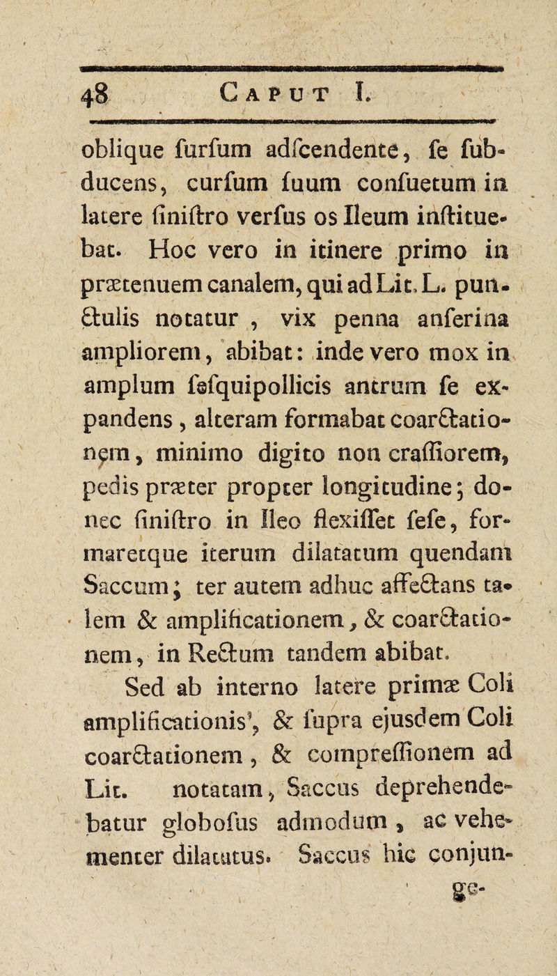 { 48 C A P U T I. oblique furfum adfcendente, fe fub- ducens, curfum fuum confuetum in latere finiftro verfus os Ileum inftitue* bat. Hoc vero in itinere primo in prsetenuem canalem, qui ad Lit, L. pun. jtulis notatur , vix penna anferina ampliorem, abibat: inde vero mox in amplum fsfquipollicis antrum fe ex¬ pandens , alteram formabat coartatio¬ nem, minimo digito non craffiorem, pedis praeter propter longitudine; do¬ nec finiftro in Ileo flexiffet fefe, for- maretque iterum dilatatum quendam Saccum; ter autem adhuc affetans ta- • lem & amplificationem, & coartacio- nem, in Retum tandem abibat. Sed ab interno latere primae Coli amplificationis’, & fupra ejusdem Coli coartationem, & compreffionem ad Lit. notatam. Saccus deprehende¬ batur globofus admodum , ac vehe¬ menter dilatatus. Saccus hic conjun-