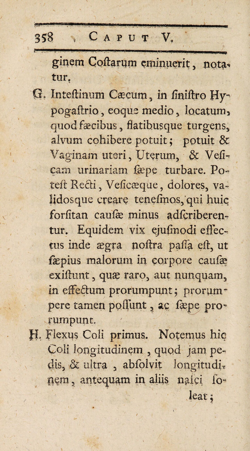 f ginem Coftarum eminuerit, nota*, tur. G» Inteftinum Caecum, in finiftro Hy- pogaftrio, eoque medio, iocatum, quod fecibus, fiatibusque turgens, alvum cohibere potuit; potuit & Vaginam uteri, Uterum, & Vefi- cam urinariam fepe turbare. Po» teft Recti, Veficteque, dolores, va- iidosque creare tenefmos, qui huic forfitan caufe minus adferiberen- tur. Equidem vix ejufinodi effec- tus inde aegra noftra palfe eft, ut fepius malorum in corpore caufe exiftunt, quae raro, aut nunquam, in effeftum prorumpunt; prorum¬ pere tamen poliunt, ac fepe pro¬ rumpunt. ' ; Jf. Flexus Coli primus. Notemus hic Coli longitudinem , quod jam pe¬ dis, & ultra , abfolvit longitudh pem, antequam in aliis nalci fo» leat: