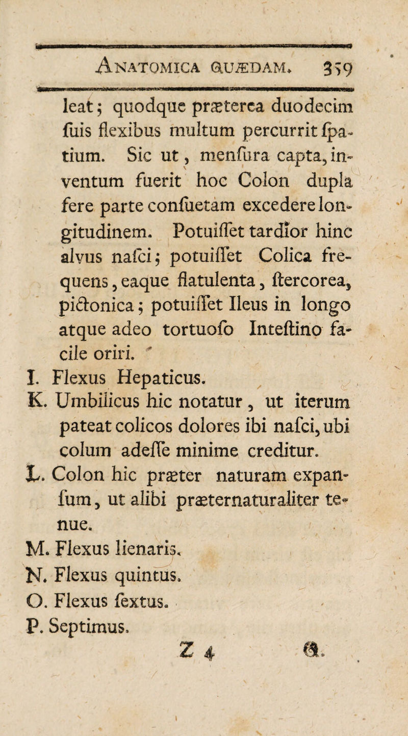 leat$ quodque praeterea duodecim {uis flexibus multum percurrit fpa- tium. Sic ut, menfura capta, in¬ ventum fuerit hoc Colon dupla ' fere parte conluetam excedere lon¬ gitudinem. Potuiflet tardior hinc alvus nalcij potuiflet Colica fre¬ quens , eaque flatulenta, ftercorea, pi&onica; potuiflet Ileus in longo atque adeo tortuofo Inteftino fa¬ cile oriri. I. Flexus Hepaticus. K. Umbilicus hic notatur , ut iterum pateat colicos dolores ibi nafei, ubi colum adefle minime creditur. L. Colon hic praeter naturam expan- lum, ut alibi praeternaturaJiter te¬ nue. M. Flexus lienaris. N. Flexus quintus. O. Flexus lextus. P. Septimus. Z 4