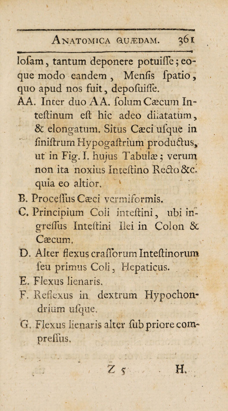 lofam, tantum deponere potuille; eo- que modo eandem , Menfis fpatio, quo apud nos fuit, depofuiffe. AA. Inter duo AA. folum Caecum In- I ' teftinum eft hic adeo dilatatum, & elongatum. Situs Catci uique in finiftrum Hypogaftrium produftus, ut in Fig. I. hujus Tabulae; verum _ t non ita noxius Inteftino Recto &c. quia eo altior. ' B. Proceilus Caeci vermiformis. C. Principium Coli inteftini, ubi in- grefius Inteftini Ilei in Colon & Caecum, D. Alter flexus crafibrum Inteftinorum * - » feu primus Coli. Hepaticus. E. Flexus lienaris. F. Reflexus in dextrum Hypochon¬ drium ufque. G. Flexus lienaris alter fub priore com- prelliis.