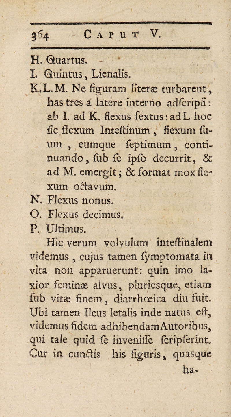 3^4 Caput V. H. Quartus. - l' * I. Quintus, Lienalis. K.L.M. Ne figuram literas turbarent, has tres a latere interno adfcripfi: ab I. ad K. flexus fextus: ad L hoc fic flexum Inteftinum , flexum fu- um , eumque feptimum, conti¬ nuando , fub fe ipfo decurrit, & ad M. emergit 5 & format mox fle¬ xum o Savum. N. Flexus nonus. \ O. Flexus decimus. P. Ultimus. ' ; Hic verum volvulum inteflinalem videmus , cujus tamen fymptomata in vita non apparuerunt: quin imo la¬ xior feminae alvus, pluriesque, etiam fub vitae finem, diarrhoeica diu fuit. Ubi tamen Ileus letalis inde natus eft, videmus fidem adhibendamAutoribus, qui tale quid fe invenifle fcripferint. Cur in eundis his figuris, quasque r ' ha- 1 ' V 4 , /