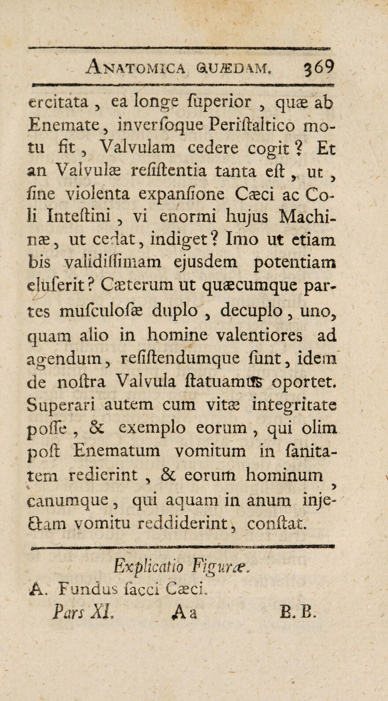 mvrnwmm ■ ■ ■ ■■ ■ ■■ ■■ ■■ '■ ■■■'i ■ wm—iiwwmw^ ercitata , ea longe fuperior , quae ab Enemate, inverfoque Periftaltico mo¬ tu fit, Valvulam cedere cogit ? Et an Valvulae refiftentia tanta eft . ut , fine violenta expanfione Caeci ac Co¬ li Inteftini, vi enormi hujus Machi¬ nae, ut cedat, indiget? Imo ut etiam bis validiifimam ejusdem potentiam eluferit ? Caeterum ut quaecumque par¬ tes mufculofae duplo , decuplo, uno, quam alio in homine valentiores ad agendum, refiftendumque funt, idem de nofira Valvula ftatuamUS oportet. Superari autem cum vitas integritate pofTe , & exemplo eorum, qui olim poft Enematum vomitum in fanita- tem redierint , & eorum hominum canumque , qui aquam in anum inje- £tam vomitu reddiderint, confiat. liat 11 1—rirtiw—I 1 ———_**/*a> wytimwnw» .nrw Explicatio Figurse. A. F undus lacci Caeci. Pars XI, A a B.B.
