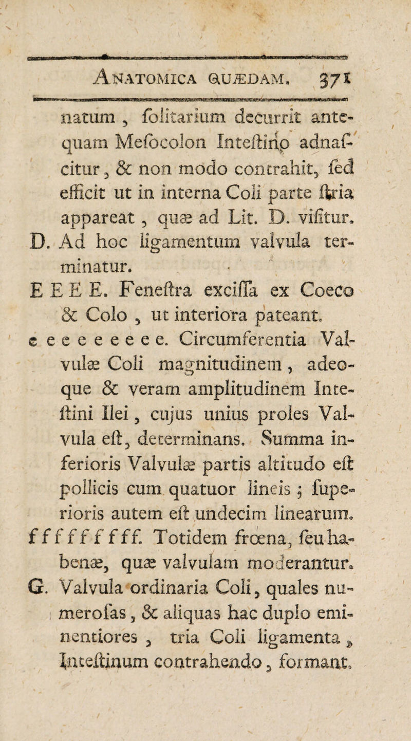 * Anatomica &uiedam. S7l natum , foiitarium decurrit ante¬ quam MefocOiOa Inteftihp adna£ citur 3 & non modo contrahit, fed efficit ut in interna Coli parte ftria appareat, qute ad Lit. D. vifitur, D. Ad hoc ligamentum valvula ter¬ minatur. EEEE. Feneftra exciffa ex Coeco & Colo , ut interiora pateant, e eeeeeeee. Circumferentia Val¬ vulae Coli magnitudinem, adeo- que & veram amplitudinem Inte- ftini Ilei, cujus unius proles Val¬ vula eft, determinans. Summa in¬ ferioris Valvulae partis altitudo eft pollicis cum quatuor lineis; fupe- rioris autem eft undecim linearum, fffffffff. Totidem froena, feuha¬ benae, qu<£ valvulam moderantur. G. Valvula ordinaria Coli, quales nu¬ mero fas , & aliquas hac duplo emi- nentiores , tria Coli ligamenta Inteftinum contrahendo , formant.