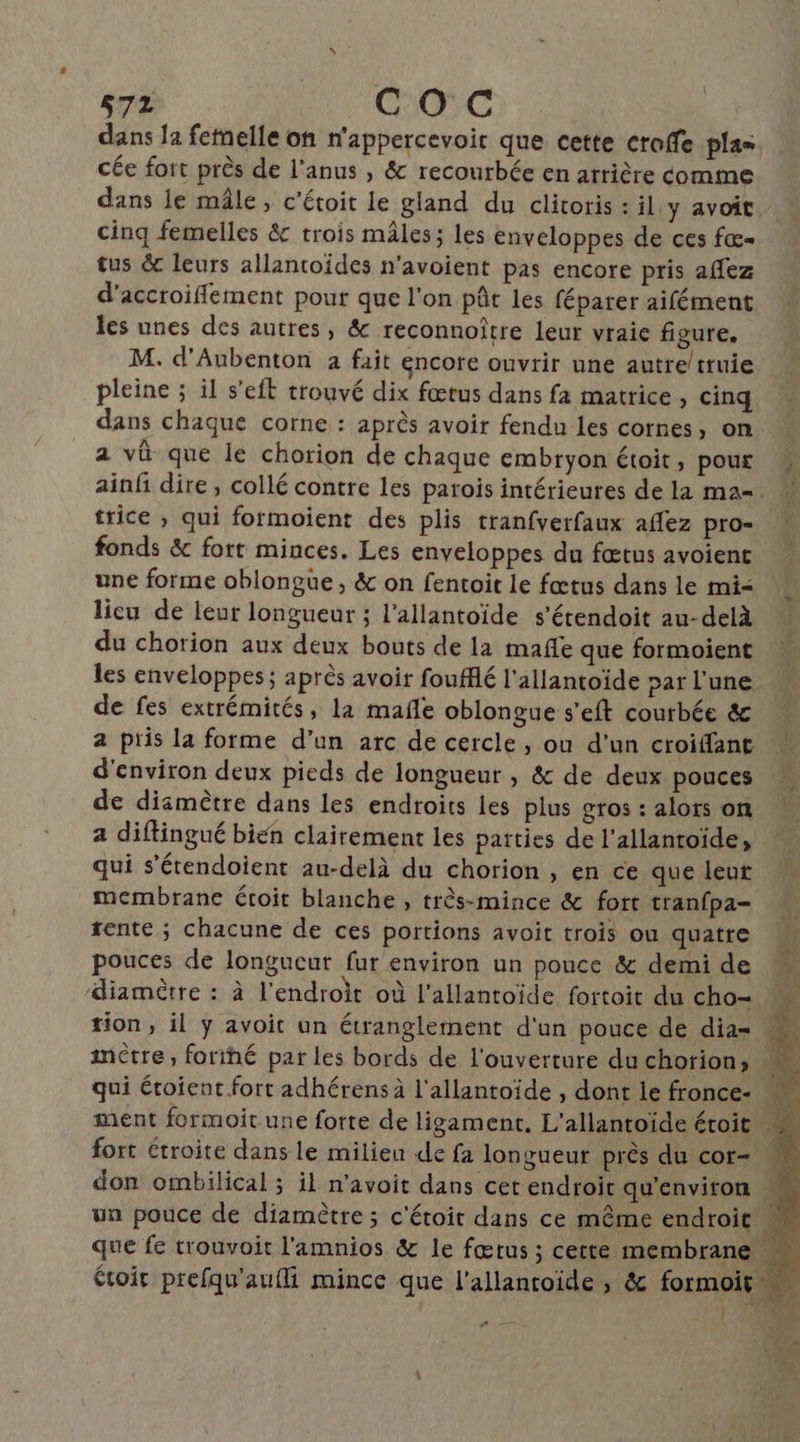 dans fa femelle on n'appercevoit que cette croffe plas cée fort près de l'anus , &amp; recourbée en arrière comme dans le mâle, c'étoit le gland du clitoris : il. y avoit cinq femelles &amp; trois mâles; les enveloppes de ces fœ= tus &amp; leurs allantoides n'avoient pas encore pris affez d'accroiflement pour que l'on pât les féparer aifément les unes des autres, &amp; reconnoître leur vraie figure. M. d'Aubenton 2 fait encore ouvrir une autre/truie pleine ; il s'eft trouvé dix fœtus dans fa matrice, cinq dans chaque corne : après avoir fendu les cornes, on a vû que le chorion de chaque embryon étoit, pour ainfñ dire, collé contre les parois intérieures de la ma-. trice ; qui formoient des plis tranfverfaux aflez pro- fonds &amp; fort minces. Les enveloppes du fœtus avoient une forme oblonguüe , &amp; on fentoit le fœtus dans le mi= licu de leur longueur ; l’allantoïde s’étendoit au-delà “ du chorion aux deux bouts de la mañfe que formoient M les enveloppes; après avoir foufflé l'allantoïde par l'une N de fes extrémités, la mañle oblongue s'eft courbée &amp; a pris la forme d’un arc de cercle, ou d’un croiffant d'environ deux pieds de longueur , &amp; de deux pouces : de dismètre dans les endroits les plus gros: alotson a diffingué bien clairement les patties de l'allantoïde, * qui s’étendoient au-delà du chorion , en ce que leur membrane étoit blanche, très-mince &amp; fort tranfpa= rente ; chacune de ces portions avoit trois ou quatre M pouces de longucur fur environ un pouce &amp; demi de À diamètre : à l'endroit où l'allantoïde fortoit du cho- Fa tion, il y avoit un étranglement d'un pouce de dia= mètre, forihé par les bords de l'ouverture du chorion, qui étoient fort adhérens à l'allantoïde , dont le fronce- ment formoit une forte de ligament. L'allantoïde étoit fort étroite dans le milieu de fa longueur près du cor M don ombilical ; il n'avoit dans cet endroit qu'environ M un pouce de diamètre ; c'étoit dans ce même endroit Ë que fe trouvoit l'amnios &amp; le fœtus ; cette membrane étoir prefqu'aufli mince que l'allantoide , &amp; formoit : A. 2