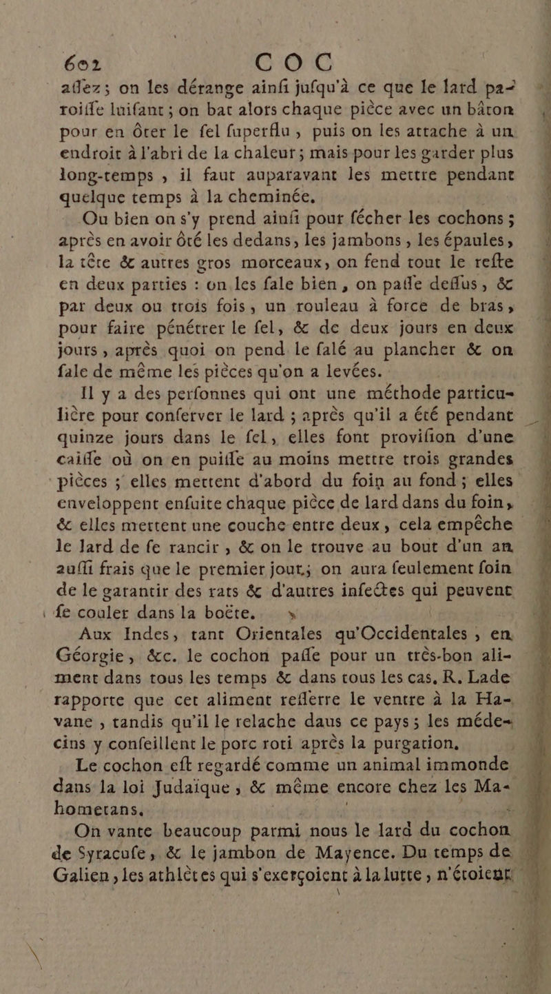 allez; on les dérange ainfi jufqu'à ce que le lard pa= roilfe luifant ; on bat alors chaque pièce avec un bâton pour en Ôrer le fel fuperflu, puis on les attache à un endroit à l'abri de La chaleur; mais pour les garder plus long-temps , il faut auparavant les mettre pendant quelque temps à la cheminée. Ou bien on s’y prend ainfñ pour fécher les cochons ; après en avoir Ôré les dedans, les jambons, les épaules, la tête &amp; autres gros morceaux, on fend tout le refte en deux parties : un les fale bien, on pañle deflus, &amp; par deux ou trois fois, un rouleau à force de bras, pour faire pénétrer le fel, &amp; de deux jours en deux jouts , aprés quoi on pend le falé au plancher &amp; on fale de même les pièces qu'on a levées. Il y a des perfonnes qui ont une méthode particu- lière pour conferver le lard ; après qu'il a été pendant caille où on en puifle au moins mettre trois grandes ss \ * . s pièces ; elles mettent d'abord du foin au fond ; elles enveloppent enfuite chaque pièce de lard dans du foin, le Jard de fe rancir , &amp; on le trouve au bout d’un an au frais que le premier jout; on aura feulement foin de le garantir des rats &amp; d'autres infectes qui peuvent fe couler dans la boëte.. » Aux Indes, tant Orientales qu'Occidentales , en. Géorgie, &amp;c. le cochon pañe pour un très-bon ali- ment dans tous les temps &amp; dans tous les cas, R. Lade rapporte que cet aliment reflerre le ventre à la Ha- vane , tandis qu’il le relache daus ce pays ; les méde= cins y confeillent Le porc roti après la purgation, | Le cochon eft regardé comme un animal immonde dans la loi Judaique , &amp; même encore chez les Ma- homerans. {