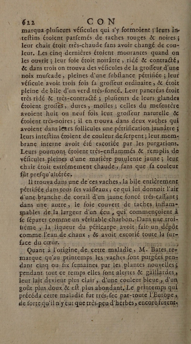 marqua-pluñeurs véficules qui s’y formoient ;'1eurs ire iteftins étoient parfemés de taches rouges &amp; noires; leur chair étoit três-chaude fans avoir changé de cou- leur, Les cinq dernières étoient mourantes quand on les ouvrit ; leur foie étoit noirâtre , ridé &amp; contracté; &amp; dans trois on trouva des véfcules de 1a groffeur d’une noix mufcade, pleines d'une fubflance pétrifiée ; leu véficule avoit trois fois fa grofeur ordinaire , &amp; étoit pleine de bile d'un verd très-foncé. Leur pancréas étoit très ridé &amp; très-contracté ; pluñeurs de leurs: glandes étoient grolies, dures, molles ; celles du mefentère avoient huit ou neuf fois leur groffeur naturelle. &amp; étoient trés+noires ; il en trouva dans déux vaches qui avoient dans létrs follicules une pétrification jaunatre j leurs inteftins éroient de couleur deferpent; leur.mem- brane interne avoit été exçoriée parles purgations. Leurs poumons étoient très-enflammés &amp; remplis de véficules pleines d'une matière puiulente jaune ; leut chair étoit extrémement chaude. 5, fans ques fa couleur fût prefqu'altérée. Il trouva dans une de’ces sacbes la bile entièrement pétrifiée dans tous fes vaileaux; ce qui lui donnoit l'air d'une. branche. de corail d’un jaune foncé trés-caflant; dans une: autre, le foie couvert de taches, inflam- mables dela largeur d'un écu., qui commençoient 2 à fe féparer comme.un véritable charbon. Dans pne.troi- fième la liqueur du péricarpe avoit; fair: un, dépôt comme- l'eau. de.chaux , &amp;.avoit excorié. toute, la fur- face du cœur. . TS | sa Quant à l'origine, de. cette e maladie ; M. Bates, res maïque qu'au printemps les: vaches font purgées. penz dant cinq ou, fix femaines, par les, plantes nouyelless pendant. tout ce temps elles font alertes &amp; gäillardes,s leur lait devienr plus clair ;. d'une couleur bleue., d’un goût plus.doux &amp; eft plus abondant, Le printemps qui précéda cette maladie fut très-fec pax-toute l'Europe, à ES U