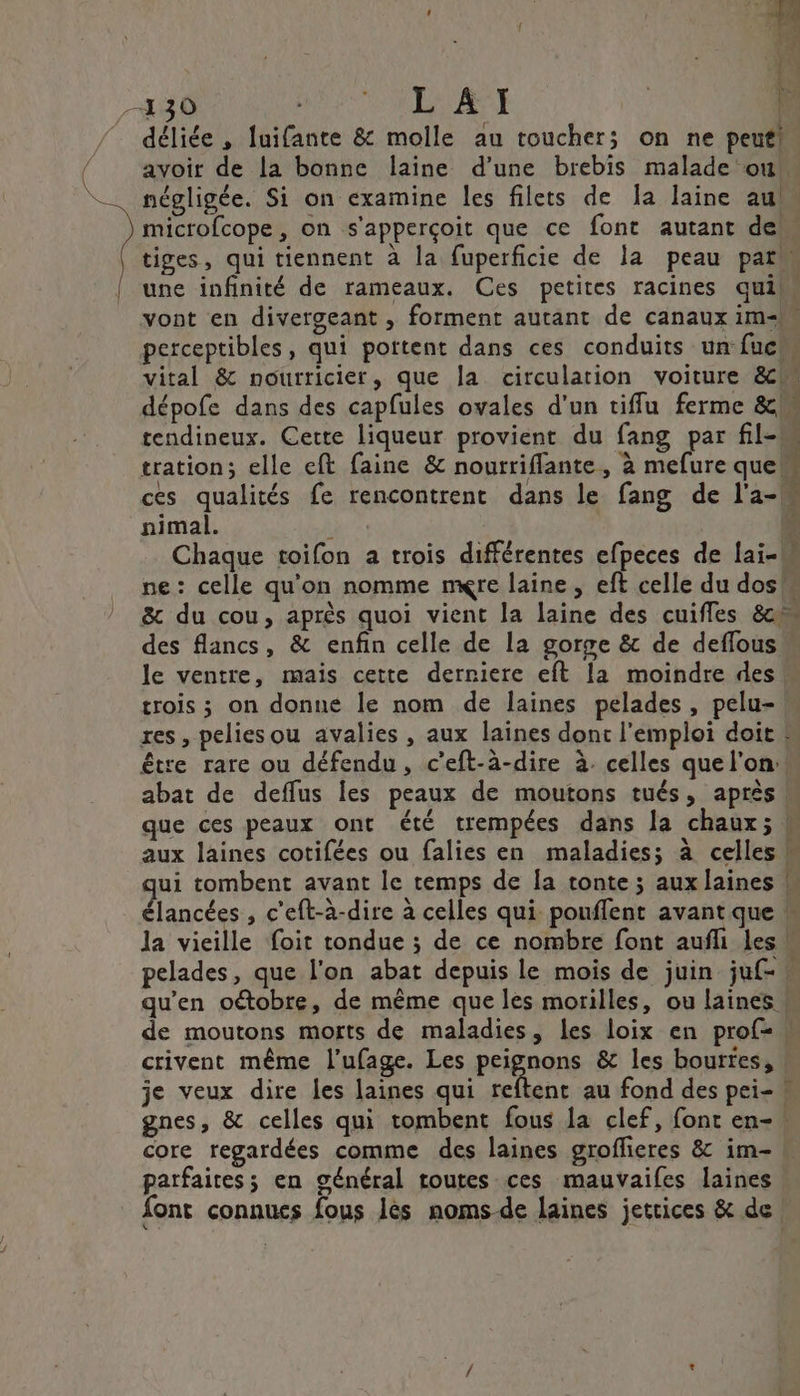 mn a 430 c RLAUANE | déliée , luifante &amp; molle au toucher; on ne peut! avoir de la bonne laine d’une brebis malade ou négligée. Si on examine les filets de la laine aus microfcope, on s'apperçoit que ce font autant den tiges, qui tiennent à la fuperficie de la peau par une infinité de rameaux. Ces petites racines quiM vont en divergeant , forment autant de canaux im perceptibles, qui pottent dans ces conduits un fuc vital &amp; nourricier, que la circulation voiture &amp; dépofe dans des capfules ovales d'un tiflu ferme &amp; tendineux. Cette liqueur provient du fang par fil-« tration; elle eft faine &amp; noutriffante, à mefure que ces qualités fe rencontrent dans le fang de l'a-M nimal. \ Chaque toifon a trois différentes efpeces de lai-M ne: celle qu'on nomme nxre laine , eft celle du dos &amp; du cou, après quoi vient la laine des cuifles 8 des flancs, &amp; enfin celle de la gorge &amp; de deflous le ventre, mais cette derniere eft la moindre des trois ; on donne le nom de laines pelades, pelu- res, peliesou avalies , aux laines dont l'emploi doit ! être rare ou défendu, c’eft-à-dire à. celles que l'on: abat de deflus les peaux de moutons tués, après! que ces peaux ont été trempées dans la chaux; « aux laines cotifées ou falies en maladies; à celles ui tombent avant le temps de [a tonte; aux laines | AB , c'eft-à-dire à celles qui poufilent avant que! la vieille foit tondue ; de ce nombre font aufli les! pelades, que l’on abat depuis le mois de juin juf- « qu'en oétobre, de même que les morilles, ou laines | de moutons morts de maladies, les loix en prof-« crivent même l'ufage. Les risque &amp; les bourtes, | je veux dire les laines qui reftent au fond des pei-w gnes, &amp; celles qui tombent fous la clef, font en-\ core regardées comme des laines groffieres &amp; im- parfaires ; en général toutes ces mauvaifes laines font connues fous lès noms-de laines jetcices &amp; de