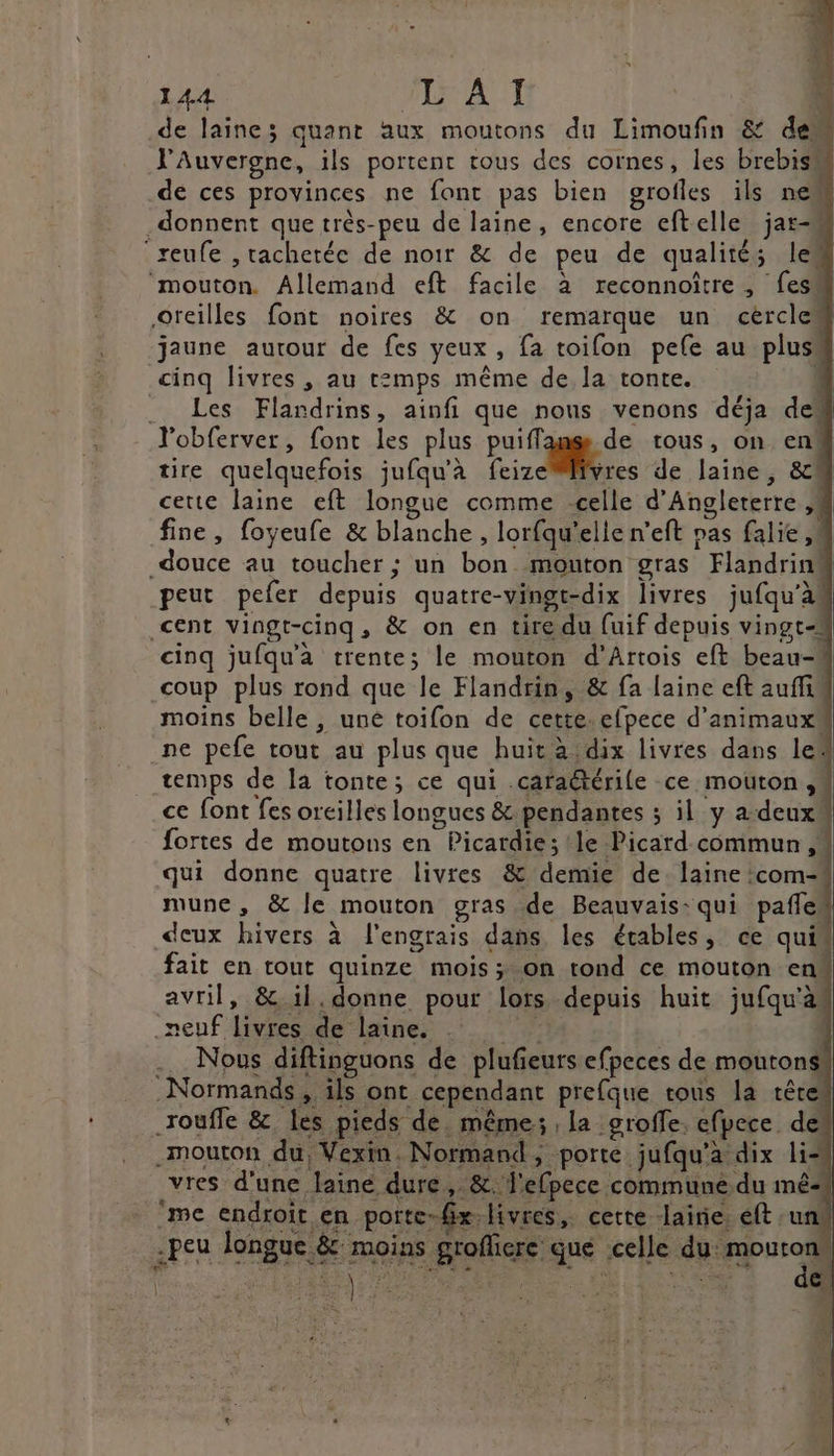 +3 144 PLAT À de lainez; quant aux moutons du Limoufn &amp; dem l'Auvergne, ils portent tous des cornes, les brebis” de ces provinces ne font pas bien grofles ils new donnent que très-peu de laine, encore eftelle jar reufe , rachetée de noir &amp; de peu de qualités les ‘mouton. Allemand eft facile à reconnoître , {ess Oreilles font noires &amp; on remarque un cercles jaune aurour de fes yeux, fa toifon pefe au plus cinq livres , au tzmps même de la tonte. .. Les Flandrins, ainfi que nous venons déja des l'obferver, font les plus puiff de tous, on en“ tire quelquefois jufqu’à Lcizores de laine, &amp; cette laine eft longue comme celle d'Angleterre, fine, foyeufe &amp; blanche , lorfqu’elle n’eft pas falie ,# douce au toucher ; un bon mouton gras Flandrin peut pefer depuis quatre-vingt-dix livres jufqu'à cent vingt-cinq, &amp; on en tire du fuif depuis vingt cinq jufqu'a trente; le mouton d'Artois eft beau-# coup plus rond que le Flandrin, &amp; fa laine eft aufñfi moins belle , uné toifon de cette. efpece d'animaux ne pefe tout au plus que huit à:dix livres dans lef temps de la tonte; ce qui caraétérile ce mouton ,» ce font fes oreilles longues &amp; pendantes ; il y adeux fortes de moutons en Picardie; le Picard commun M qui donne quatre livres &amp; demie de laine :com- mune, &amp; le mouton gras de Beauvais: qui pañles deux hivers à l’engrais dans les étables, ce qui fait en tout quinze mois; on rond ce mouton en avril, &amp;.il.donne pour lors depuis huit jufqu’à neuf livres de laine. Ye | Nous diftinguons de plufieurs efpeces de moutons .Normands, ils ont cependant prefque tous la tête: _roufle &amp;. les pieds de. même; la groffe. efpece de -mouton du, Vexin. Normand, porte jufqu’a dix li- vres d’une laine dure, &amp;. l'efpece commune du mê2 ‘me endroit en portc-fix livres, cette lairie. eft un: peu longue &amp; moins grofliere que celle du pre | Aro L'hre e