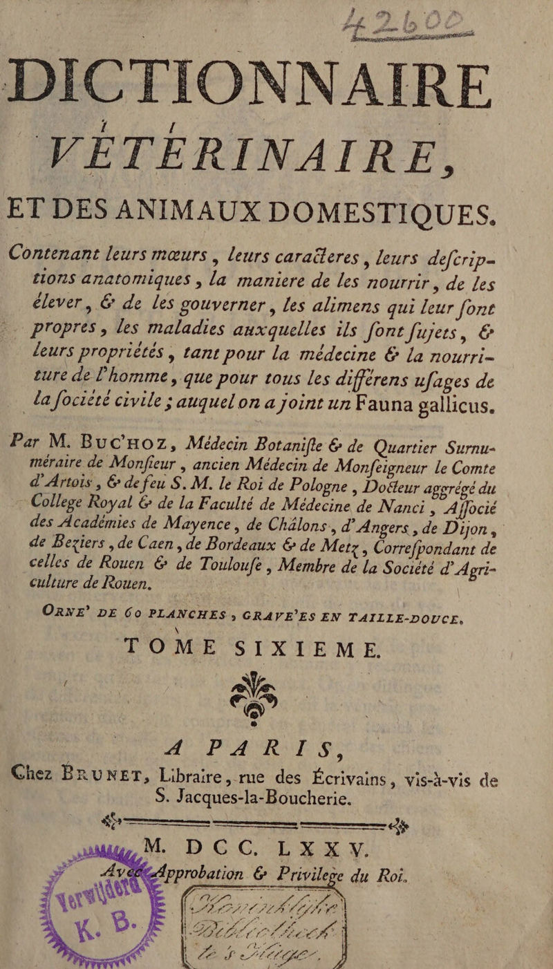 Se $ D of DIC TIONN AIRE VÉTERINAIRE, ET DES ANIMAUX DOMESTIQUES. Contenant leurs mœurs , leurs caraëteres » leurs defcrip= tions anatomiques , la maniere de les nourrir, de Les élever, &amp; de les gouverner, Les alimens qui leur font propres, les maladies auxquelles ils font fujers, € leurs propriétés , tant pour la médecine € La nourri ture de l’homme, que pour tous les différens ufages de da fociété civile ; auquel on a joint un Fauna gallicus. Par M. Buc'noz, Médecin Botanifle &amp; de Quartier Surnu- méraire de Monfieur | ancien Médecin de Monfeigneur le Comte d'Artois , &amp; de feu S. M. le Roi de Pologne , Doéteur aggrégé du College Royal &amp; de la Faculté de Médecine de Nanci » Affocié des Académies de Mayence, de Chélons,, d'Angers, de Dijon, de Beziers , de Caen, de Bordeaux € de Metz, Correfpondant de celles de Rouen &amp; de Touloufe , Membre de la Société d'Agri- culture de Rouen. ORNE’ DE Co PLANCHES, GRAVE’ES EN TAILLE-DOUCE, Éd TOME SIXIEME. QUES \) A PARIS: Chez BRUNET, Libraire, rue des Écrivains, vis-à-vis de S. Jacques-la-Boucherie. «3 M DCC LYXX y,