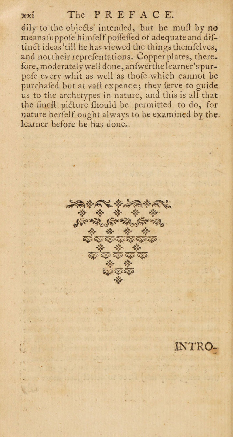 dily to the objedls intended, but he mufl by no means fuppofe himfelf poffeiTed of adequate ana di'f- tindf ideas ’till he has viewed the things themfelves, and nottheir reprefentations. Copperplates, there¬ fore, moderately well done, anfwerthe learner’s pur- pofe every whit as well as thofe which cannot be purchafed but at vaft expence; they ferve to guide us to the archetypes in nature, and this is all that the hneft pidture fhould be permitted to do, for nature herfeif ought always to be examined by the. learner before he has done® ^ ^ • *$}* 5^ ^ Gp INTRO-