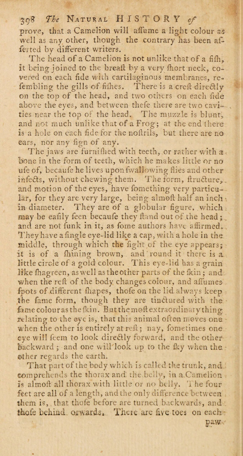 prove, that a Camelion will aflame a light colour as well as any other, though the contrary has been af- ferted by different writers. The head of a Camelion is not unlike that of a fifh, it being joined to the bread by a very fhort neck, co¬ vered on each fide with cartilaginous membranes, re- fembling the gills of fifties. There is a ere ft direblly on the top of the head, and two others on each fide above the eyes, and between thefe there are two cavi- , ties near the top or the head. The muzzle is blunt, and not much unlike that of a Frog; at the end there is a hole on each fide for the noftrils, but there are no ears, nor any fign of any. The jaws are furnifhed with teeth, .or rather with a bone in the form of teeth, which he makes little or no ufe of, becaufe he lives uponfwallowing flies and other infebls, without chewing them. The form, ftrublure,, and motion of the eyes, have fomething very particu¬ lar, for they are very large, being almoft half an inch - in diameter. They are of a globular figure, which may be eaiily feen becaufe they ftand out of .the head; . and are not funk in it, as fome authors have affirmed, . They have afmgle eye-lid like a cap, with a hole in the middle, through which the fight of the eye appears; it is of a fhining brown, and'round it there is a. little circle of a gold colour. This eye-lid has a grain like fhagreen, as well as the other parts of the fkin ; and when the reft of the body changes colour, and affumes- fpots of different fliapes, thofe on the lid always keep the fame form, though they are tinctured with the fame colour as the fkin. But the moft extraordinary thing relating to the eye is, that this animal often moves one when the other is entirely at reft; nay, fometimes one eye will feem to look diredlly forward, and the other backward ; and one wilTlook up to the fky when the other regards the earth. That part of the body which is called the trunk, and comprehends the thorax and the.belly, in a Camelion is almoft all thorax with little or no belly. The four feet are all of a length, and the only difference between them is, that thofe before are turned backwards, and thofe behind, or wards. There are five toes on each - uay/ Ml