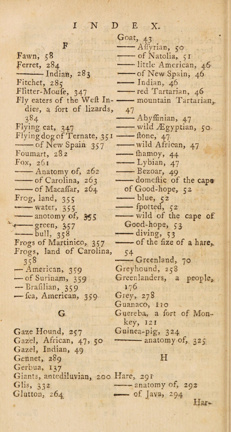 X N F Fawn, 58 Ferret, 284 --—Indian, 283 Fitchet, 285 Flitter-Moufe, 347 Fly eaters of the Weft In¬ dies, a fort of lizards, 3.84 Flying cat, 347 Flying dog of Ternate, 351 — -of New Spain 357 Foumart, 282 Fox, 261 ——- Anatomy of, 262 *-of Carolina, 263 ——■ of Macafiar, 264 Frog, land, 355 —-water, 355 — -anotomy of, 355 N-green, 3.57 --bull, 358 Frogs of Martinico, 357 Frogs, land of Carolina, 358 — American, 339 —-of Surinam, 359 — Brafilian, 359 — fea, American, 359 G Gaze Hound, 237 Gaz'el, African, 47, 50 Gazel, Indian, 49 Gennet, 289 Gerbua, 137 Giants, antediluvian, Glis, 332 Glutton, 264 D E X. Goat, 43 -Aifyrian, 30 --ofNatolia, 31 -- little American, 46 -of New Spain, 46 —-Indian, 46 ■--red Tartarian, 46 -mountain Tartarian,. 47 —— Abyftinian, 47 -wild Egyptian, 30 --ftone, 47 -wild African, 47 -lhamoy, 44 --Lybian, 47 --Bezoar, 49 —-domeftic of the cap® of Good-hope, 52 ——blue, 32 —— fpotted, 32 —— wild of the cape of Good-hope, 33 -diving, 33 “ -of the fize of a hare,. 54 --Greenland, 70 Greyhound, 258 Greenlanders, a people* 176 Grey,. 278 Guanaco, 110 Guereba, a fort of Mon¬ key, 121 Guinea-pig, 324 -— -anatomy of, 325 H 200 Hare, .29 r -- anatomy of, 292 — of Java, 294 liar