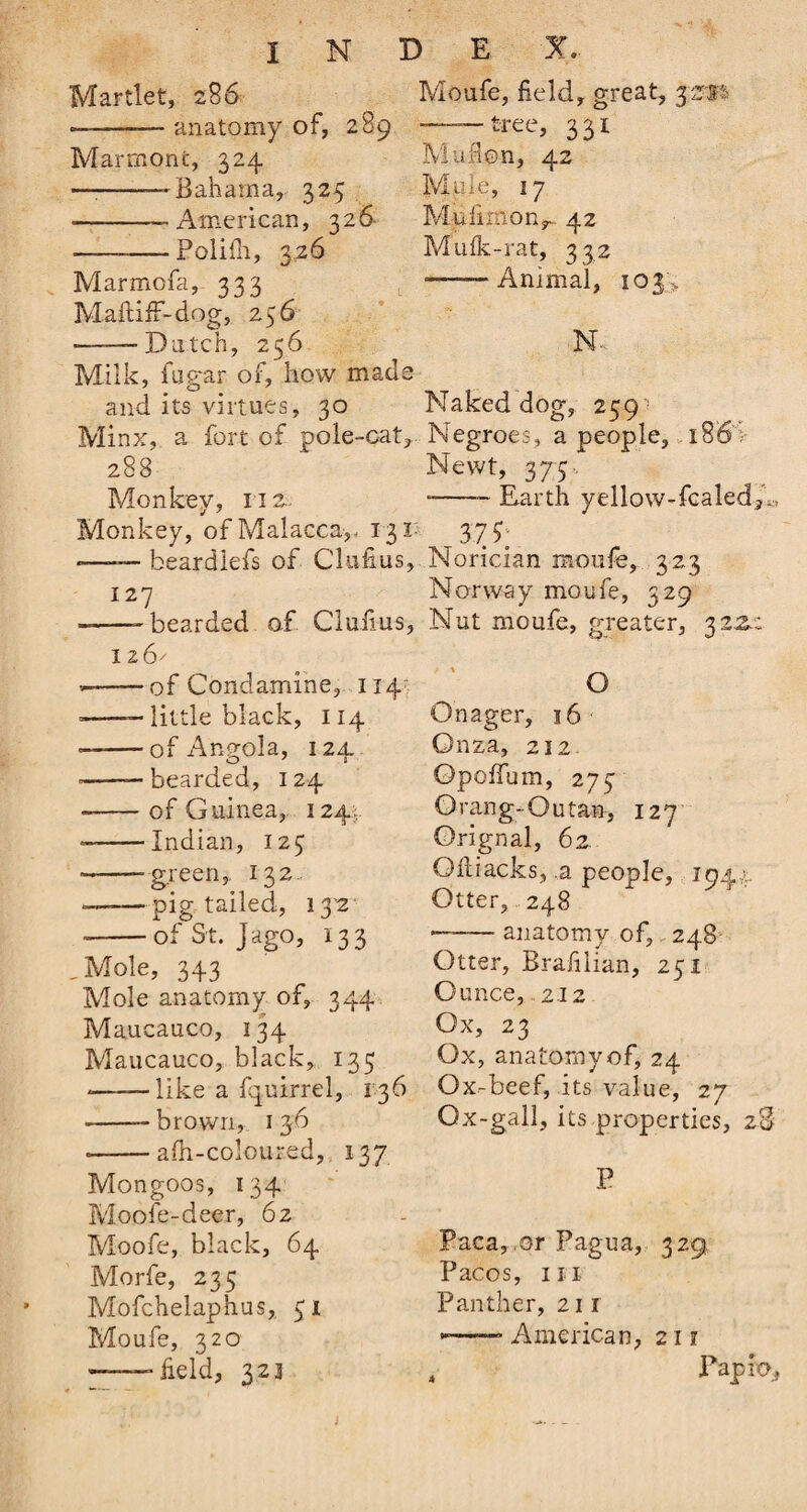 Martlet, 286 —-—— anatomy of, 289 Marmont, 324 — -—Bahama, 323 • -—American, 326 — —Polifli, 326 Marmofa, 333 MaftifF-dog, 256 ——Dutch, 256 Milk, fugar of, how mads and its virtues, 30 Minx, a fort of pole-cat, 288 Monkey, 112- Monkey, of Malacca, , 131 *—— beardlefs of Clufius, 127 • --bearded of Clufius, 126/ -——of Condamine, 114 --— little black, 114 — -of Angola, 12a. -——bearded, 124 • -of Guinea, 124: --Indian, 123 — -green, 132 ■ -pig tailed, 13 2 --of St. Jago, 133 , Mole, 343 Mole anatomy of, 344 Maucauco, 134 Maucauco, black, 135 ——like a fquirrel, 136 ■ --brown, 136 ■ -afn-coloured, 137 Mongoos, 134 Moofe-deer, 62 Moofe, black, 64 Morfe, 235 Mofchelaphus, 51 Moufe, 320 ——field, 323 Moufe, field, great, 321s —-—tree, 331 Mufion, 42 Mule, 17 Mufimonr 42 Mufk-rat, 332 •——Animal, 103 \ N- Naked dog, 259 Negroes, a people, 186 Newt, 375'. ■-- Earth yellow-fcaled3,, 37 p. Norician moufe, 323 Norway moufe, 329 Nut moufe, greater, 32.2.2 o Onager, 36 Onza, 2\2- Opoffum, 275 O rang-Ou tan, 127 Orignal, 62. Qftiacks,,a people, 194,1- Otter, 248 —-anatomy of, 248 Otter, Brafilian, 251 Ounce, 212 Ox, 23 Ox, anatomy of, 24 Ox-beef, its value, 27 Ox-gall, its properties, zB P Paca, or Pagua, 329, Pacos, hi Panther, 211 ——- American, 21? Papier, 4