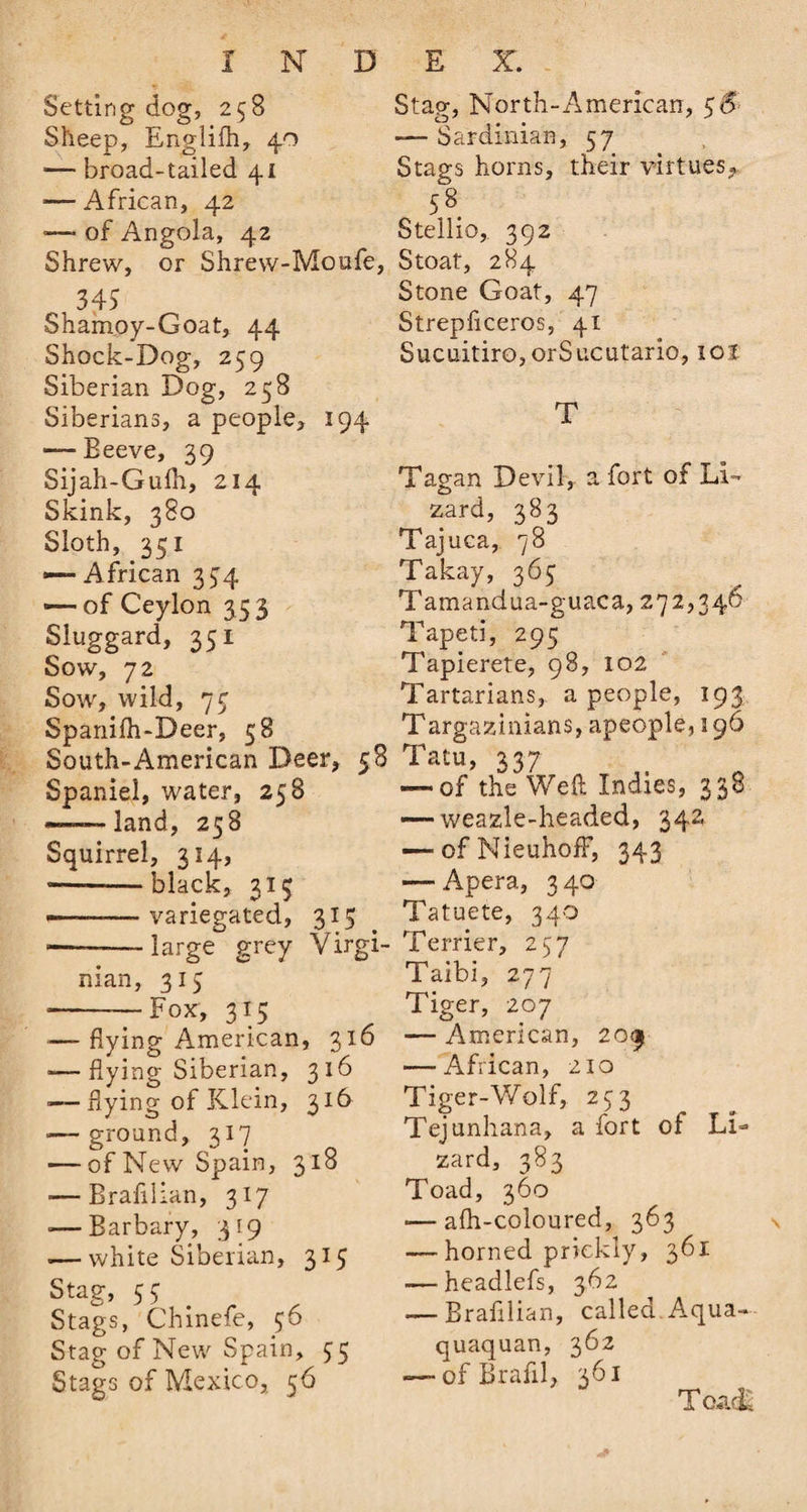 Setting dog, 258 Sheep, Englifh, 40 — broad-tailed 4i ■—African, 42 ■—■ of Angola, 42 Shrew, or Shrew-Moufe, ,345 Shamoy-Goat, 44 Shock-Dog, 259 Siberian Dog, 258 Siberians, a people, 194 —Beeve, 39 Sijah-Gulh, 214 Skink, 380 Sloth, 351 — African 374 — of Ceylon 35 3 Sluggard, 351 Sow, 72 Sow, wild, 75 Spanifh-Deer, 58 South-American Deer, 58 Spaniel, water, 258 ——land, 258 Squirrel, 314, '—--black, 317 <——— variegated, 315 --large grey Virgi¬ nian, 315 ■-Fox, 315 — flying American, 316 -—flying Siberian, 316 — flying of Klein, 316 -— ground, 317 — of New Spain, 318 — Brafilian, 317 ■—Barbary, 319 .— white Siberian, 315 Stag, j; Stags, Chmefe, 56 Stag of New Spain, 55 Stags of Mexico, 56 Stag, North-American, 3&amp;> — Sardinian, 57 Stags horns, their virtues, 58 Stellio, 392 Stoat, 284 Stone Goat, 47 Strepflceros, 41 Sucuitiro, orSucutario, iof T Tagan Devil, a fort of Li¬ zard, 383 Tajuca, 78 Takay, 365 Tamandua-guaca, 272,346 Taped, 295 Tapierete, 98, 102 Tartarians, a people, 193 T argazinians, apeople, 196 Tatu, 337 — of the Weft Indies, 338 — weazle-headed, 342, — ofNieuhofF, 343 — Apera, 3 40 Tatuete, 340 Terrier, 257 Taibi, 277 Tiger, 207 — American, 209 — African, 210 Tiger-Wolf, 2$ 3 Tejunhana, a fort of Li¬ zard, 383 Toad, 360 «—afh-coloured, 363 — horned prickly, 361 — headlefs, 362 — Brafilian, called.Aqua- quaquan, 362 — ofBrafil, 361 Toad