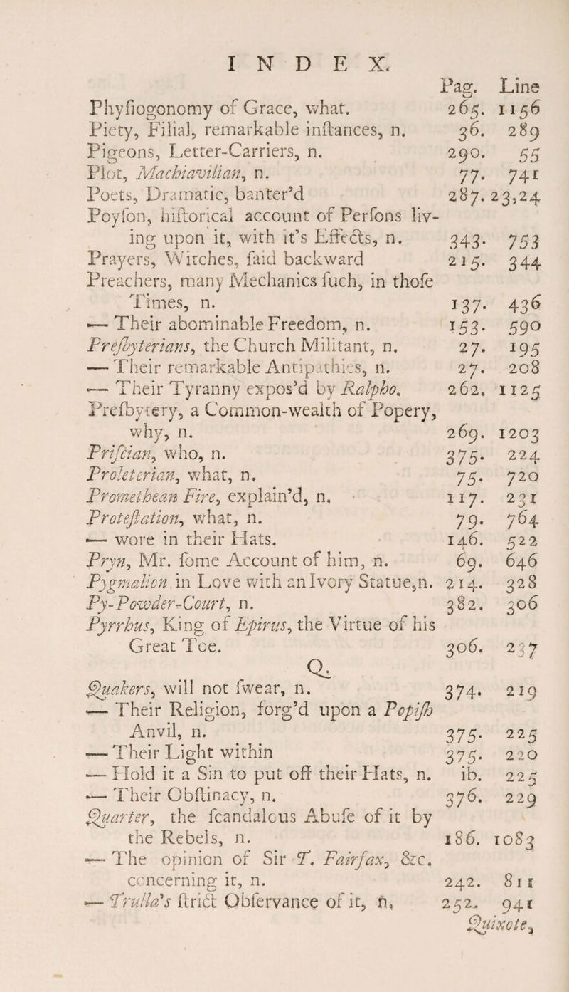 Phyfiogonomy of Grace, what. Piety, Filia], remarkable inftances, n. Pigeons, Letter-Carriers, n. Plot, Machiavilian, n. Poets, Dramatic, banter’d Poyfon, hiftorical account of Perfons liv¬ ing upon it, with it’s Eftcds, n. Prayers, Witches, Laid backward Preachers, many Mechanics fuch, in thofe Times, n. — Their abominable Freedom, n. Prefayterians, the Church Militant, n. — Their remarkable Antipathies, n. — Their Tyranny expos’d by Ralpho. Prefbytery, a Common-wealth of Popery, why, n. Prifcian, who, n. Proletarian, what, n. Promethean Fire, explain’d, n. Proteftation, what, n. — wore in their Hats. Pryn, Mr. feme Account of him, n. Pygmalion in Love with an Ivory Statue,n. Py-Powder-Court, n. Pyrrhus, King of Efims, the Virtue of his Great Toe. Qi Quakers, will not fwear, n. *— Their Religion, forg’d upon a Popif Anvil, n. — Their Light within — Hold it a Sin to put off their Hats, n. *— Their Obftinacy, n. Quarter, the fcandalcus Abufe of it by the Rebels, n. — The opinion of Sir T. Fairfax, &c. concerning it, n. — frulla's ftrid Obfervance of it, n, Pag. Line 265. 1156 36- 289 290. 55 77- 74i 287. 23,24 343- 753 215. 344 137- 436 *53- 590 27. J95 27. 208 262. II25 269. 1203 375- 224 75- 720 117. 23X 79- 764 146. 522 69. 646 214. 328 3°2. 306 306. 237 374- 2 19 375* 225 375* 220 ib. 225 376- 229 186. IO83 242. 811 252. 941 Quixote,