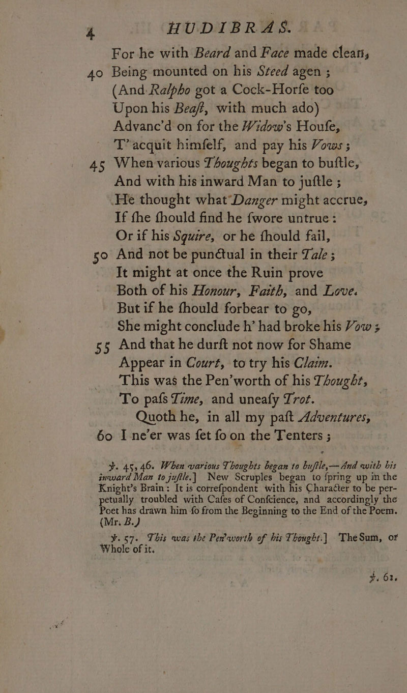 For he with Beard and Face made cleati, 40 Being mounted on his Steed agen ; (And: Ra/pho got a Cock-Horfe too Upon his Beaf#, with much ado) Advance’d on for the Widow's Houfe, T’ acquit himfelf, and pay his Vows ; 45 When various T4oughts began to buftle, And with his inward Man to juftle ; He thought what*Danger might accrue, If fhe fhould find he fwore untrue: Or if his Sgucre, or he fhould fail, so And not be punctual in their Tale; It might at once the Ruin prove Both of his Honour, Faith, and Love. - But if he fhould forbear to go, She might conclude h’ had broke his Vow 5 ss And that he durft not now for Shame Appear in Court, totry his Clam. This was the Pen’worth of his Tougdr, To pafs Time, and uneafy Trot. Quoth he, in all my paft Adventures, — 60 I ne’er was fet foon the Tenters ; y. 45,46. When various Thoughts began to buftle,— And with his inward Man to juftle.| New Scruples began to {pring up im the Knight’s Brain: It is correfpondent with his Character to be per- petually troubled with Cafes of Conftience, and accordingly the Poet has drawn him 0 from the Beginning to the End of the Poem. (Mr. B. y) ¥.57. This was the Pen’worth of his Thought.| TheSum, or Whole of it. +. 63.