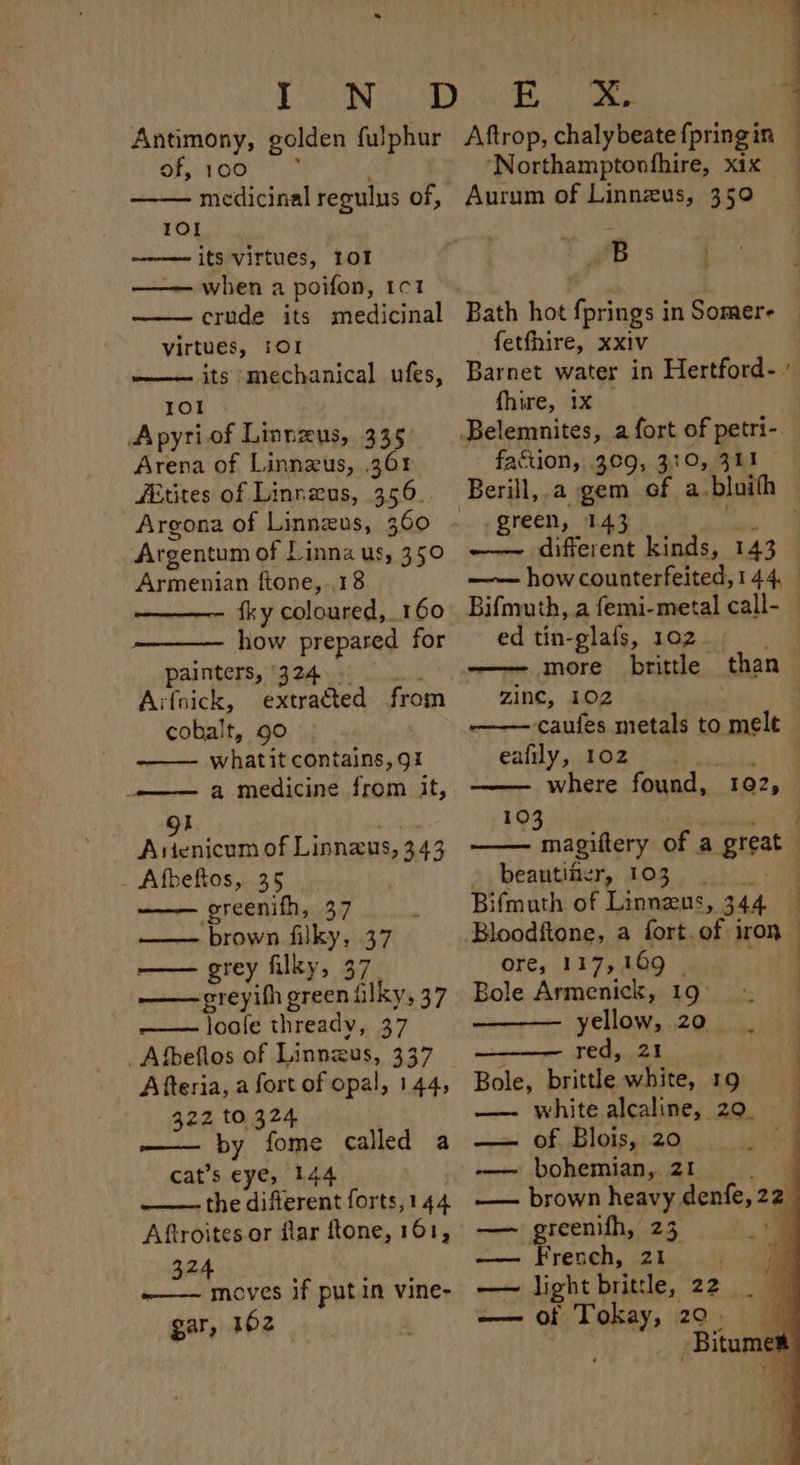 Antimony, golden fulphur 7S OO oh Mas medicinal regulus of, 101 its virtues, 101 —— when a poifon, 1c1 crude its medicinal virtues, 1OI its ‘mechanical ufes, 101 Apyriof Linnzus, 335 Arena of Linnxus, 361 Zétites of Linreus, 356. Argona of Linnzvus, 360 Argentum of Linna us, 350 Armenian ftone, .18 fky coloured, 160 how prepared for painters, 324.» Aifoick, extracted from cobalt, go whatit contains, 91 a medicine from it, 91 ee Asienicum of Linnaeus, 343 _ Afbeftos, 35 —— greenifhh, 37 ' — brown filky, 37 : rey filky, 37 PEE pdt filky, 37 . loafe thready, 37 Afteria, a fort of opal, 144, 322 to. 324 —— by fome called a cat’s eye, 144 . ——— the different forts,144 Aftroites or flar ftone, 161, 374 eID a -——- moves if putin vine- gar, 102 a Aftrop, chalybeate fpring in | Northamptonfhire, xix Aurum of Linnzus, 35° tf ; Bath hot fprings in Somer- fetfhire, xxiv Barnet water in Hertford- ' fhire, 1x faction, 309, 310, 311 green, 143 wd ———~ different kinds, 143 — —— howcounterfeited, 144. Bifmuth, a femi-metal call- — ed tin-glafs, 102 zinc, 102 ———— caufes metals to melt ents yi hOa? t pian, where found, 302,:) 103 PE magiftery of a great — >, beantifier, 103. .) 5 Bifmuth of Linneus, 344 Bloodftone, a fort.of iron — ore, 117,169 _ oat Bole Armenick, 19° yellow, 20 red, 21 Bole, brittle white, 19 ' —- white alcaline, 29. — of Blois, 20 ie -—— bohemian, 21 q —— brown heavy denfe, 22 — greenifh, 23 4 —— French, 21 . —— light brittle, 22 —— of Tokay, 20. © _ Bitumes