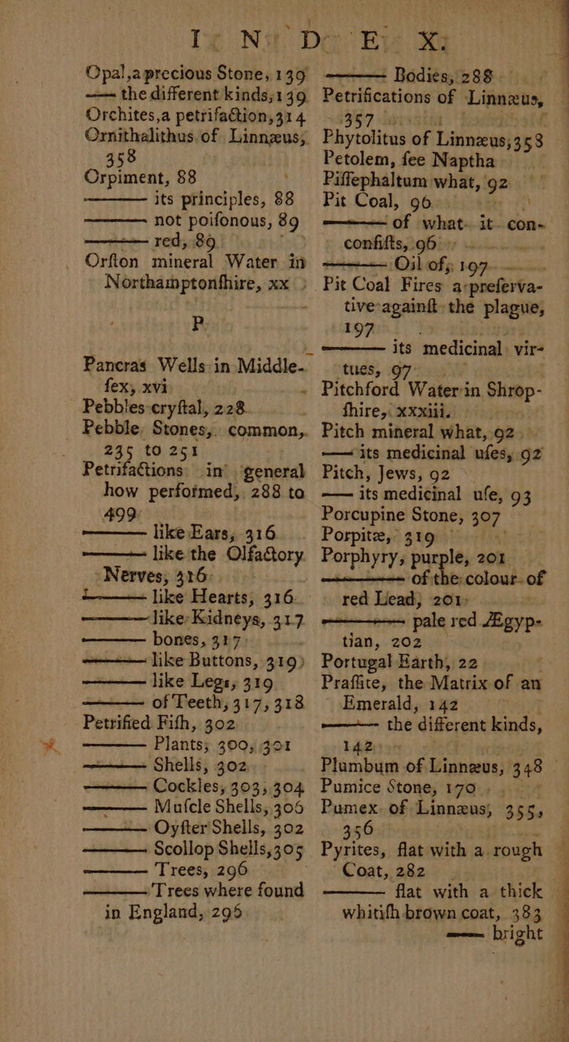 Opal,a precious Stone, 1 39 Orchites,a petrifaction, 31 4 358 Orpiment, 88 its principles, 83 not poifonous, 89 red, 89 . Orfion sty Water in Northamptonfhire, xx P fex, xvi Pebbles-eryftal, 228 432895 t0251 Petrifactions in’ ‘general how performed, 288 to 499. like Ears, 316 Nerves, 326: -—— like Hearts, 316. like: Kidneys, 347 bones, 387) ~~<+— like Buttons, 319) like Legs; 319 of Teeth, 317, 318 Petrified Fith, 302 Plants; 300, 301 Shells, 302. . Cockles, 303, 304 ——— Mutcle Shells, 306 Oyfter'Shells, 302 Trees, 296 Trees where found in England, 296 Bodies, 288 Pettifications of ‘Linnzus, 1357 Phytolitus of Tarneena! 5358 Petolem, fee Naptha Piffephaltum wid, ‘gz Pit Coal, 96 4 ‘of what- it- con- confifts, 96» ~ Oil of;: 199 tive-againft the plague, oe Lb its medicinal vir- tues, 9 fhire,: XXxili. Pitch mineral what, 92. —— its medicinal ules, gz Pitch, Jews, 92 —— its medicinal ufe, 93 Porcupine Stone, 307 Pospitz, 319 | Porphyry; purple, 201 ‘of th colour. of red Lead, 201) ~ pale red /Egyp- tian, 202 Portugal Earth, 22 Praffite, the Matrix of an Emerald, 142 rea——= the different kinds, a Pumice Stone, 170. Pumex. of Linnzus, 355, 356 Pyrites, flat with a. rough Coat, 282 flat with a thick wee bri ght