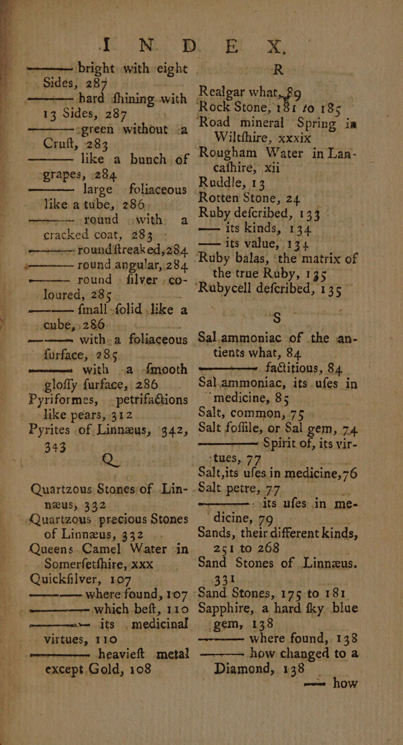 » Sides, 287 hard shining with 13 Sides, 287 “green without -a Cruft, 283 like a bunch of grapes, 284 large like a tube, 286 round with a cracked coat, 283 - ~rounditreaked,284 s————— round angular, 284 round © filver co- loured, 285 —— fimall'-folid like a eube,.286 ——~ witha foliaceous furface, 285 wee With a {mooth glofly furface, 286 Pyriformes, -petrifations like pears, 312 Pyrites of Linnzus, 343 Q Quartzous Stones of .Lin- NUS, 332 Quartzous precious Stones of Linnzus, 332 .. Queens.Camel Water in Somerfetfhire, xxx Quickfilver, 107 ——-—— where found, 107 which beft, 110 medicinal 342; ener dame its virtues, 110 iia heavieft metal “except Gold, 108 Realgar what, 89 Road mineral Spring ia Wilthire, xxxix Rougham Water in Lan- cafhire, xii Ruddle, 13 Rotten Stone, 24 Ruby defcribed, 133 —— its kinds, 134 —— its value, 134 Ruby balas, ‘the matrix of the true Ruby, 135 ‘S Sal.ammoniac of the an- tients what, 84 fadtitious, 84 Sal,ammoniac, its ufes in “medicine, 85 Salt, common, 75 Salt foffile, or Sal gem, 74 Spirit of, its vir- tues, 77 Salt PAE: 1 its ufes in me- bane, 79 Sands, their different kinds, 251 to 268 Sand Stones of .Linnzus. Sapphire, a hard fky blue gem, 138 where found, 138 ~ how changed to a Diamond, 138 | —— how