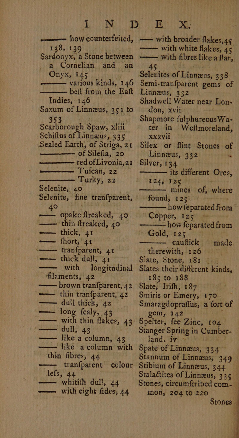 I oem how counterfeited, 138, 139 Sardonyx, a Stone between a Cornelian and an Onyx, 145 _ , various kinds, 146 beit from the Eaft Indies, 146 Saxum of Linnzus, 351 to 353 dew Scarborough Spaw, xliii Schiftus of Linnzus,. 335 Sealed Earth, of Striga, 21 of Silefia, 20 red of Livonia, 21 women Tuican, 22 Turky, 22 Selenite, 40 ° wi opake ftreaked, 40 —— thin ftreaked, 40 —— thick, 41 —— fhort, 41 tranfparent, 41 —— thick dull, 41 —— with longitudinal ‘filaments, 42 brown tran{parent, 42 thin tranfparent, 42 dull thick, 42 long fealy, 43 Seo. (emer Premome, Seerewser, “—— dull, 43 —— like a column, 43 —— like acolumn with thin fibres, 44 tranfparent colour lefs, 44 —— whitifh dull, 44 —— with eight fides, 44 —— with broader flakes,45 ——— with white flakes, 45 —— with fibres like a ftar, Semi-tranfparent gems of Linnzus, 332 Shadwell Water near Lon- don, xvii “ Shapmore fulphureousWa- ter in Weftmoreland, XXxvil . Silex or flint Stones of Linneus, 332 “ Silver, 134 7 its different Ores, 124, 125 . mines of, where found, 125. ° : how feparated from Copper, 125 how feparated from “Golds. — cauftick made therewith, 126 Slate, Stone, 181 | Slates their different kinds, 185 to 188 Slate, Irith, 187 Smiris or Emery, 170. ~ Smaragdoprafius, a fort of gem, 142 f Spelter, fee Zinc, 104 Stanger Spring in Cumber- land. iv - Spate of Linneus, 334 Stannum of Linnzus, 349 Stibium of Linnzus, 344 Stalactites of Linnzus, 335 Mon, 204 to 220 Stones 1 | ‘9 |