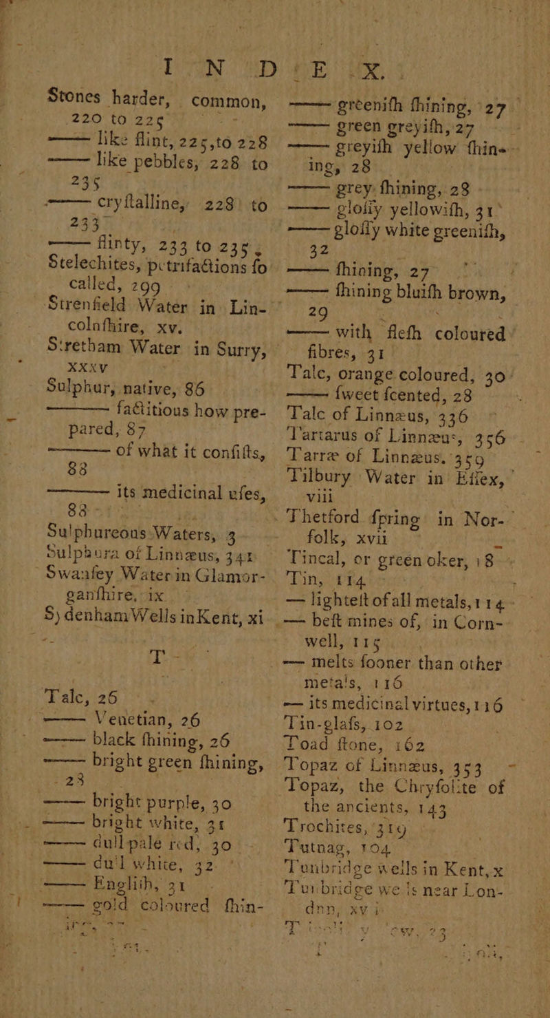Stones harder, 220 to 226 —— like flint, 225,to 228 like pebbles, 228 to ao cryftalline, 228) to aSa TS . ———— flinty, 233 to 23e4 Stelechites, pctrifaGions fo called, 299 _ common, colnfhire, xv. Stretham Water in Surry, XXXV Sulphur, native, 86 — factitious how pre- pared, 87 ————— of what it confilts, 838 its medicinal ufes, Su!phureous Waters, 3 Sulpbura of Linnzeus, 345 Swanfey Water in Glamor- ganfhire, ix 5) denham Wells inKent, xi - bo ~-—— black fhining, 26 bright green fhining, 22% bright purple, 30 ——— bright white, 31 du'l white, 32. Englith, 31 -gold coloured fthin- it Nm +. ges a ees ——— greenifh fhining, 27 green greyifh,27 ——— greyifh yellow thin«- ing, 28 grey fhining, 28 gloliy yellowith, 31° gloily white greenish, 32 monte Ching, iag tail # ——— fhining bluifh brown, 2 : ~ S sige with flefh coloured’ fibres, 31 Fale; orange coloured, 30° {weet fcented, 28 Talc of Linnzus, 336 ‘Vartarus of Linneus, 356. Tarre of Linnzus. 359 Pei: Tilbury Water in Effex, Vili folk, xvii ty Tincal, or green oker, 18- Tin, PRaote ; — lightelt ofall metals,114 - well, 115 metais, 116 — its medicinal virtues, 116 Tin-glafs, 102 Toad ftone, 162 Topaz, the Chryfolite of the ancients, 143 Trochites, 319 | Tutnag, 104 Tenbridge wells in Kent, x Turbridge we |s near Lon- dnn, xviv ry 7 : CPO es ¥ SA a “on 3 ¥ < »