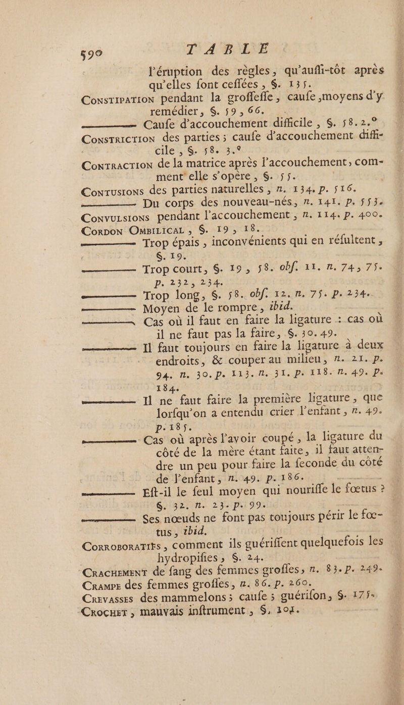 590 T'A BTE l’éruption des règles, qu'aufli-tôt après qu’elles font ceflées , $. 135. Consrrparion pendant la groffefle, caufe moyens d'y remédier, $. 59, 66. . Caufe d'accouchement difficile , $. 58.2.° Consraicrion des parties ; caufe d'accouchement diff- cile , S. 58. 3.° Cowrracrion de la matrice après l'accouchement, com- ment’ elle s'opère , $. 55. Conrusrons des parties naturelles , . 134. p. $16. | Du corps des nouveau-nés, 2. 141. p. 553. Convuzsions pendant l'accouchement ;, n. 114. p. 400. Corpon OMBILICAL ; $. 19; 18. Trop épais , inconvénients qui en réfultent , $. 19. Trop court, $. 19, 58. obfirxt. n: 743,75: P. 232, 234. Trop long, $. 58. obf. 12. n. 7$. p. 234. Moyen de le rompre, ibid. Cas où il faut en faire la ligature : cas où il ne faut pas la faire, $. 30.49. I1 faut toujours en faire la ligature à deux endroits, &amp; couper au milieu, 2. 21. p. 94. 1 30.pPe 113.71. 31. Pe 118.71. 49. Pa 184. Il ne faut faire la première ligature, que lorfqu’on à entendu crier Fenfant , 2. 49. p.185. . Cas où après l'avoir coupé, la ligature du côté de la mère étant faite, 1l faut atten- dre un peu pour faire la feconde au côté de l'enfant, 11. 49. p. 186. RER Eft-il le feul moyen qui nourifle le fœtus ? | Ses nœuds ne font pas toujours périr le foc- tus, 2bid. CorrogoraTits , comment ils guériffent quelquefois les hydropifies ; $. 24. CracuemenT de fang des femmes grofles, n. 83.p. 249. Crawre des femmes grofles, 2. 86. p. 260. Cravasses des mammelons; caufe 5 guérifon, $- 175: Crocuer , mauvais inftrument , $, 304. ERATE dl